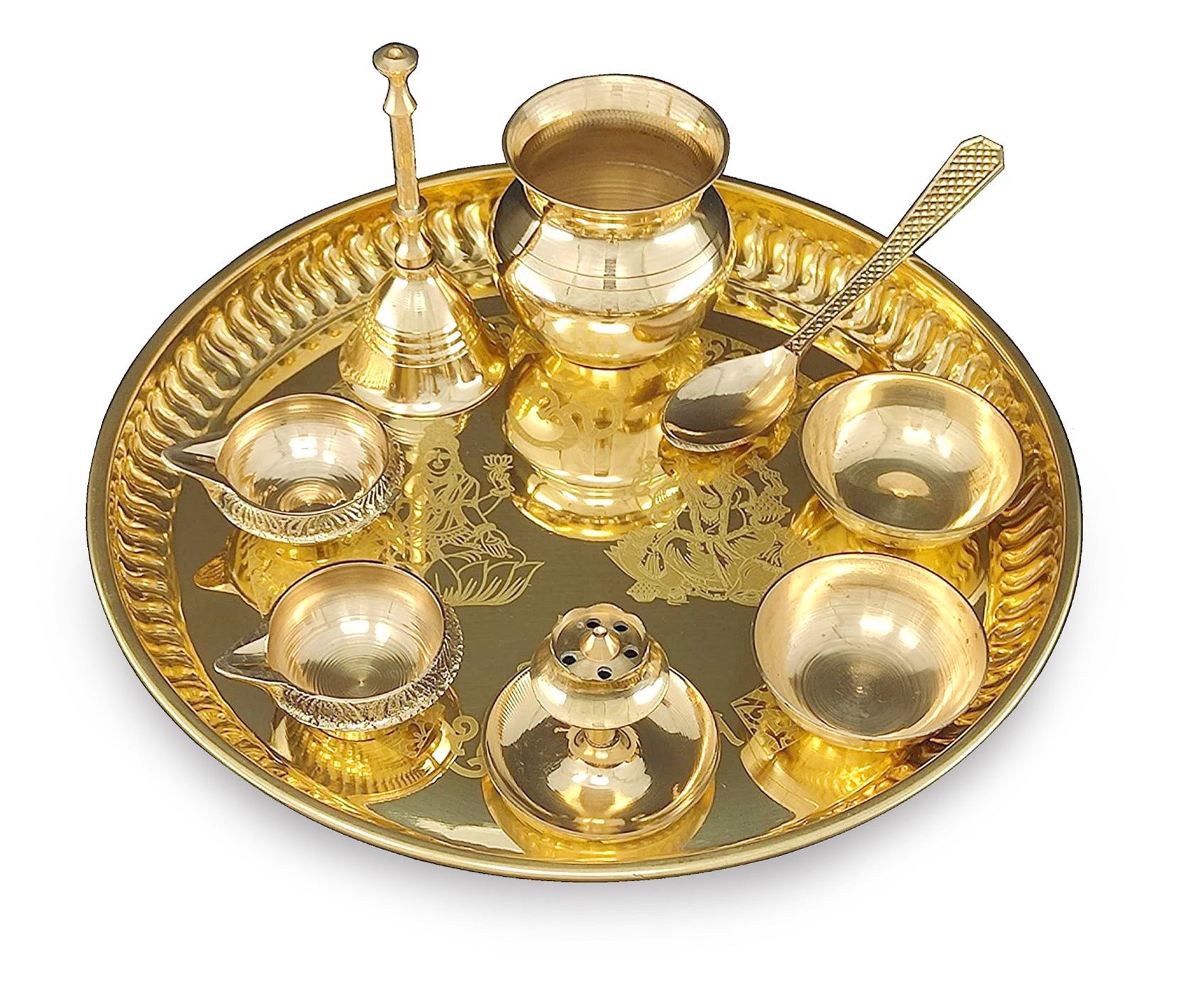 Bengalen Brass Pooja thali 8 Inch with Accessories Ganesh Lakshmi Design Puja Set Wedding Return Gift Items