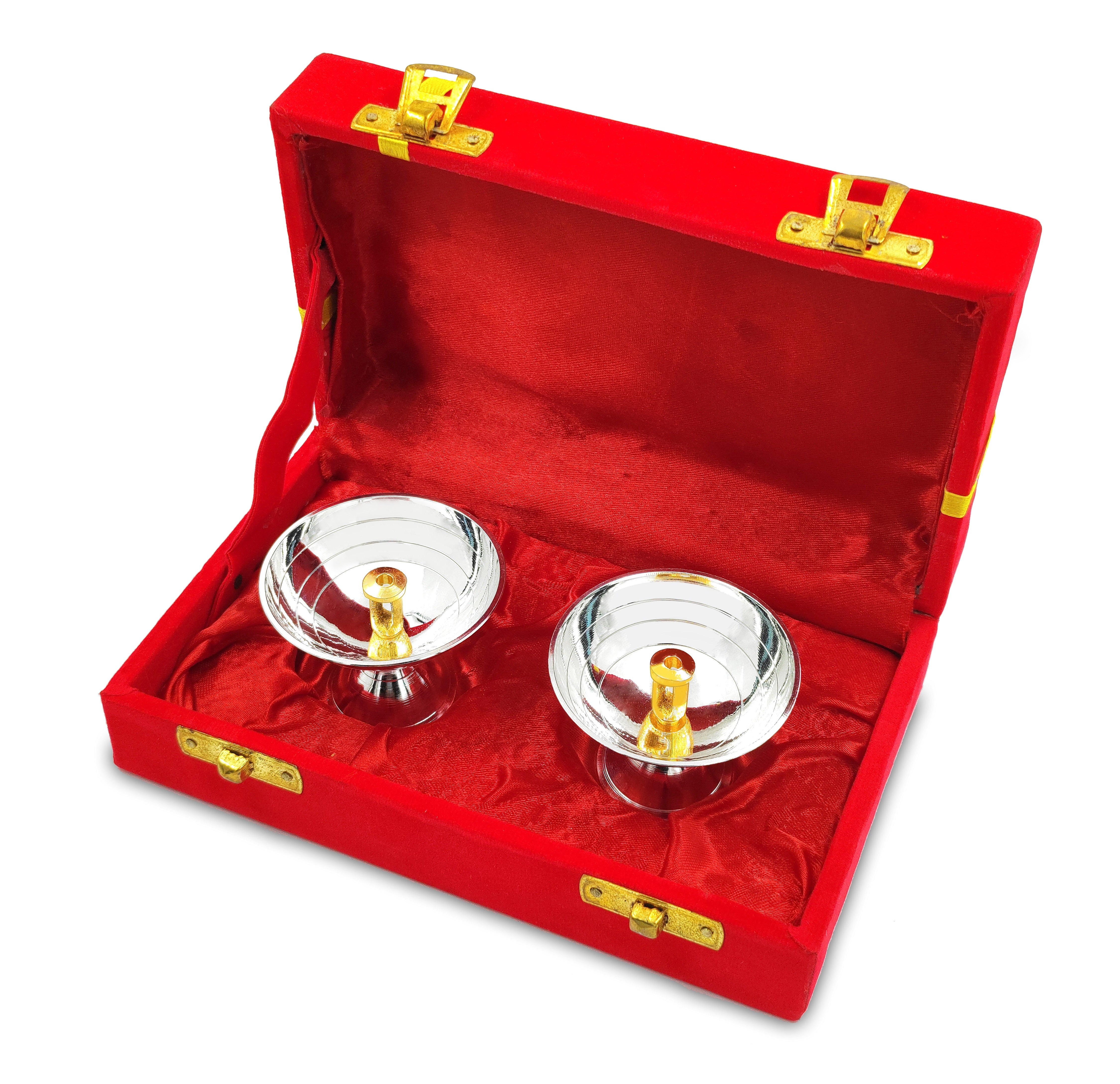 BENGALEN Silver Plated Small Pyali Diya Set of 2 with Red Velvet Gift Box