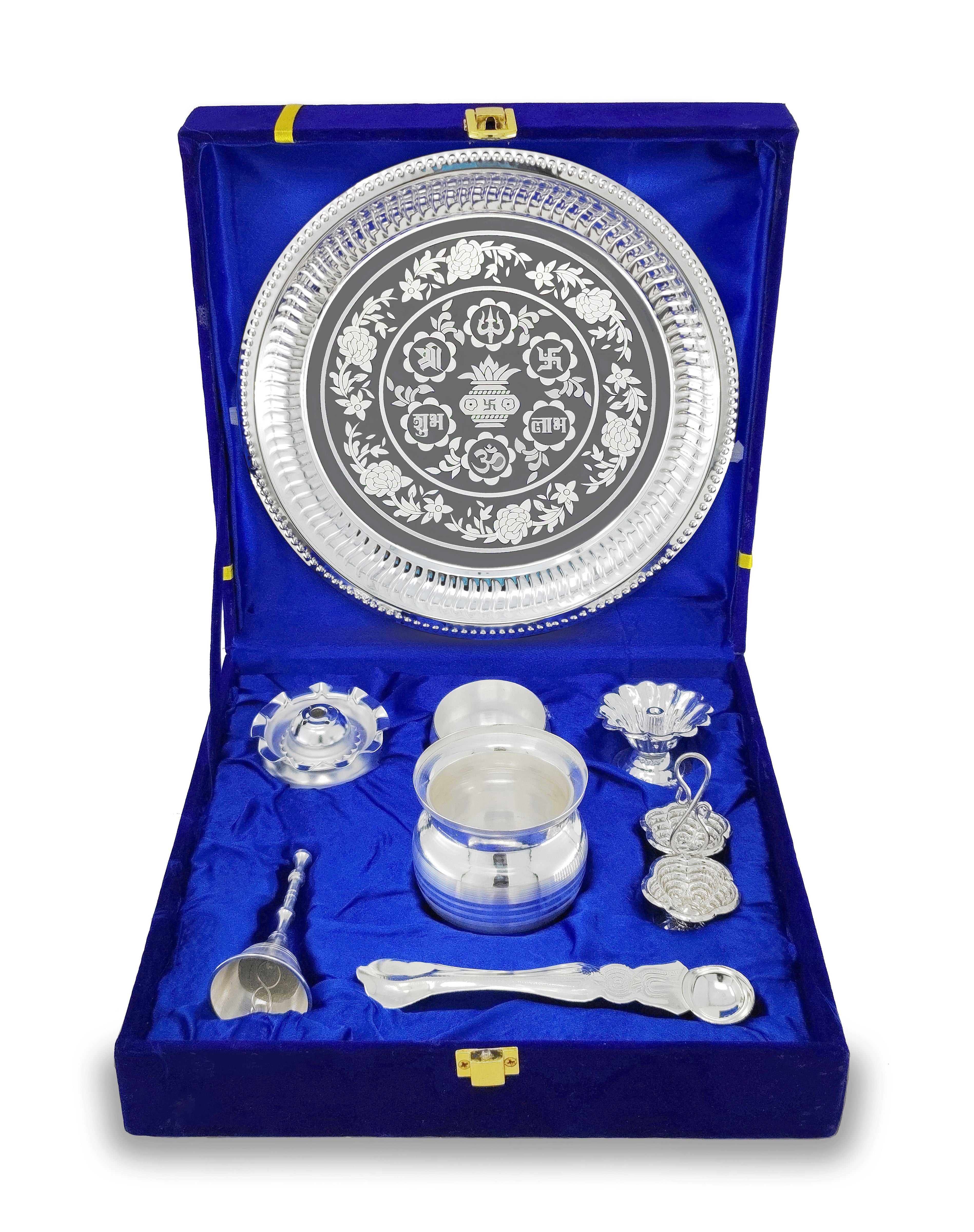 BENGALEN Pooja Thali Set Silver Plated with Blue Gift Box Puja Plate Devdas Diya Kalash Bowl Palli Haldi Kumkum Stand Dhup Dan Ghanti for Home Office Diwali Wedding Return Gifts