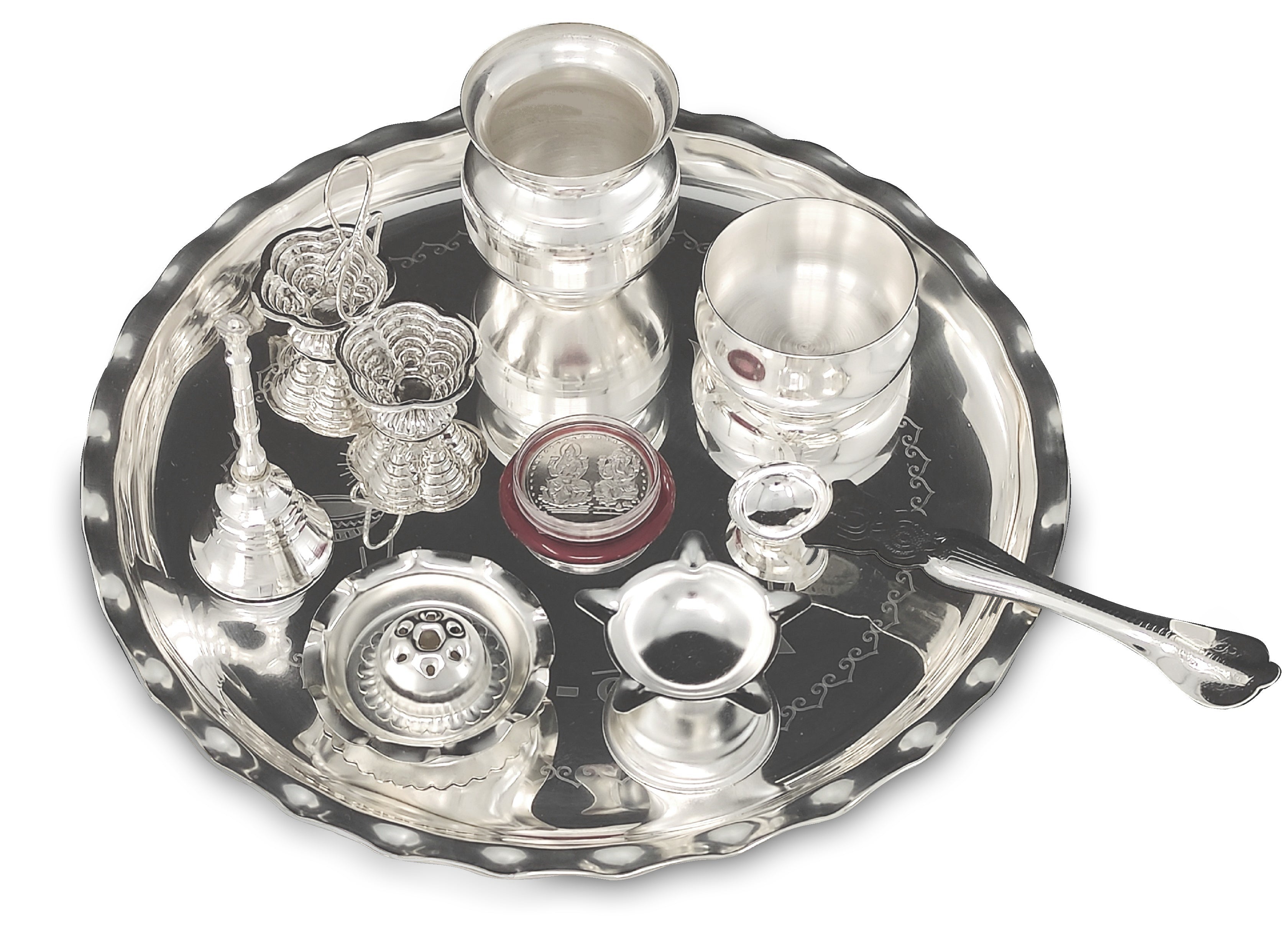 Bengalen Silver Plated Pooja thali Set 9.5 Inch with Plate Kalash Palli Diya Kumkum Holder Bowl Dhup Dan Coin Ghanti Puja Thali for Diwali Home Mandir Office Wedding Return Gift Items