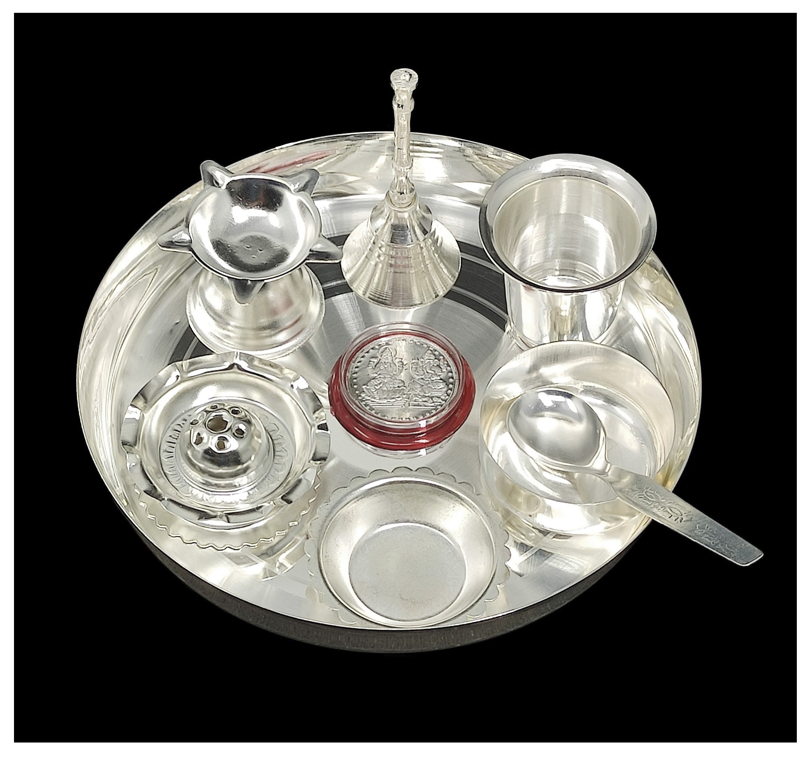 BENGALEN Silver Plated Pooja thali Set 7 Inch Plate Bowl Dhup Dan Diya Ghanti Glass Bowl Spoon Ganesh Lakshmi Desihn Coin Puja Thali for Diwali, Home, Temple, Office, Wedding Gift Items