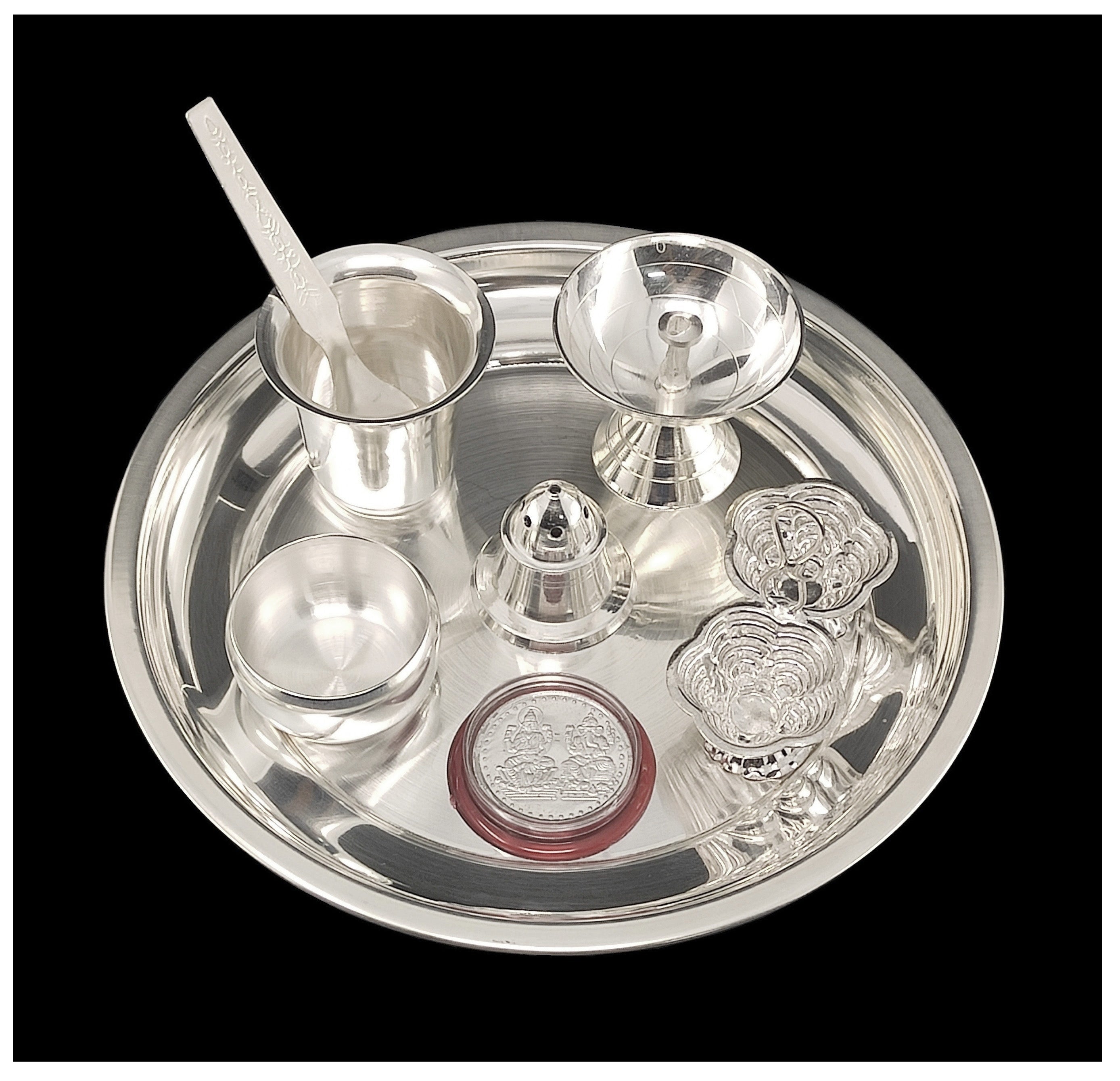 Bengalen Silver Plated Pooja Thali Set 7 Inch with Coin, Diya and Accessories Puja Decorative Items for Home Mandir Office Wedding Return Gift