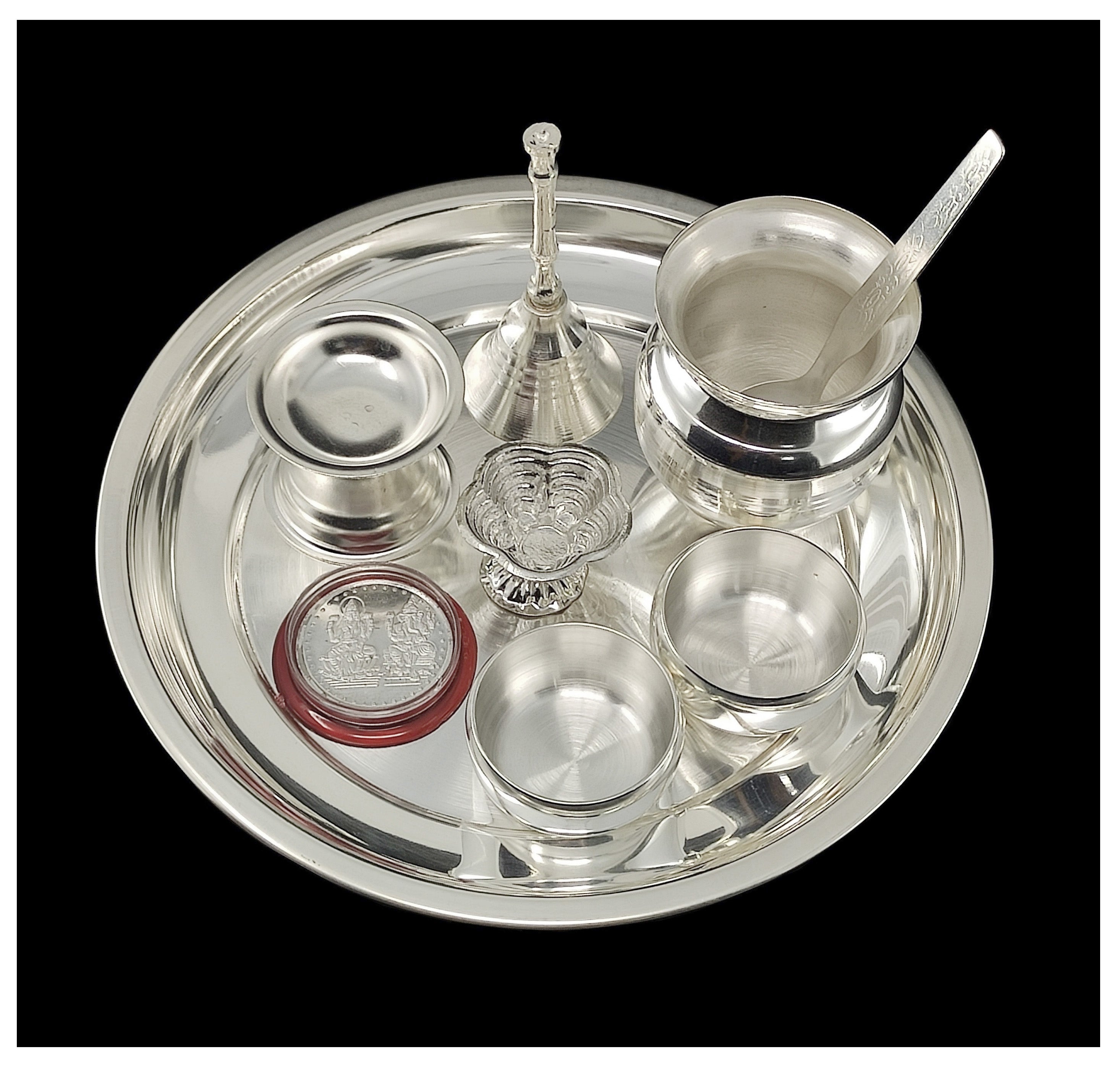 Bengalen Silver Plated Pooja Thali Set 7 Inch with Coin and Accessories Puja Decorative for Home Mandir Office Wedding Return Gift Items