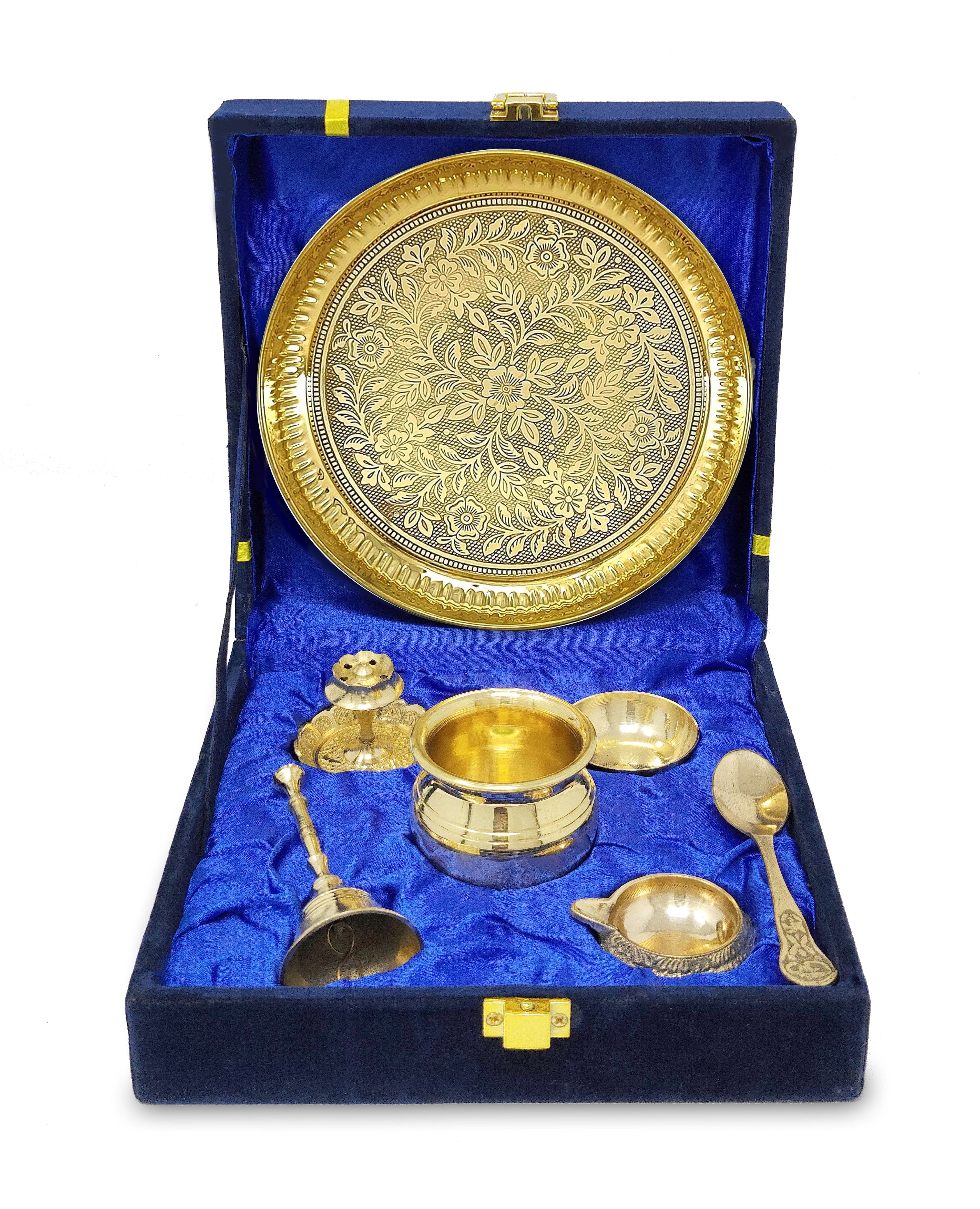 BENGALEN Brass Puja Thali Set with Blue Gift Box 6 Inch