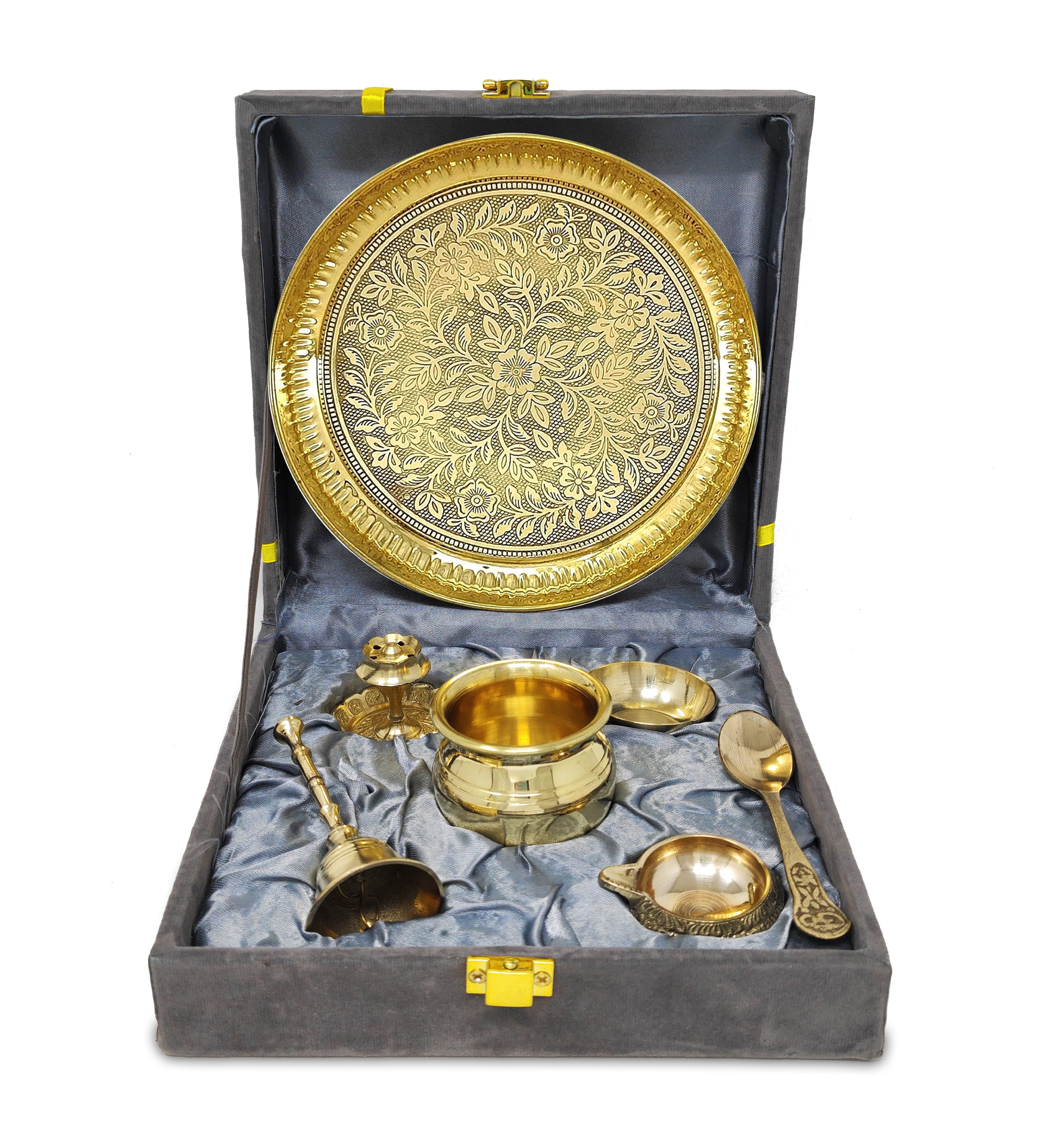 BENGALEN Brass Pooja Thali Set with Grey Gift Box 6 Inch