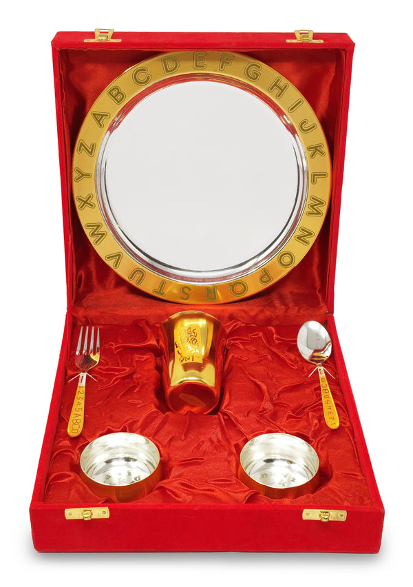 Bengalen Gold & Silver Plated Baby Dinner Set With Red Velvet Box for Gift Rice Ceremony Annaprashan Sanskar for Boys Girls Kids Birthday Return Festive Gift Items