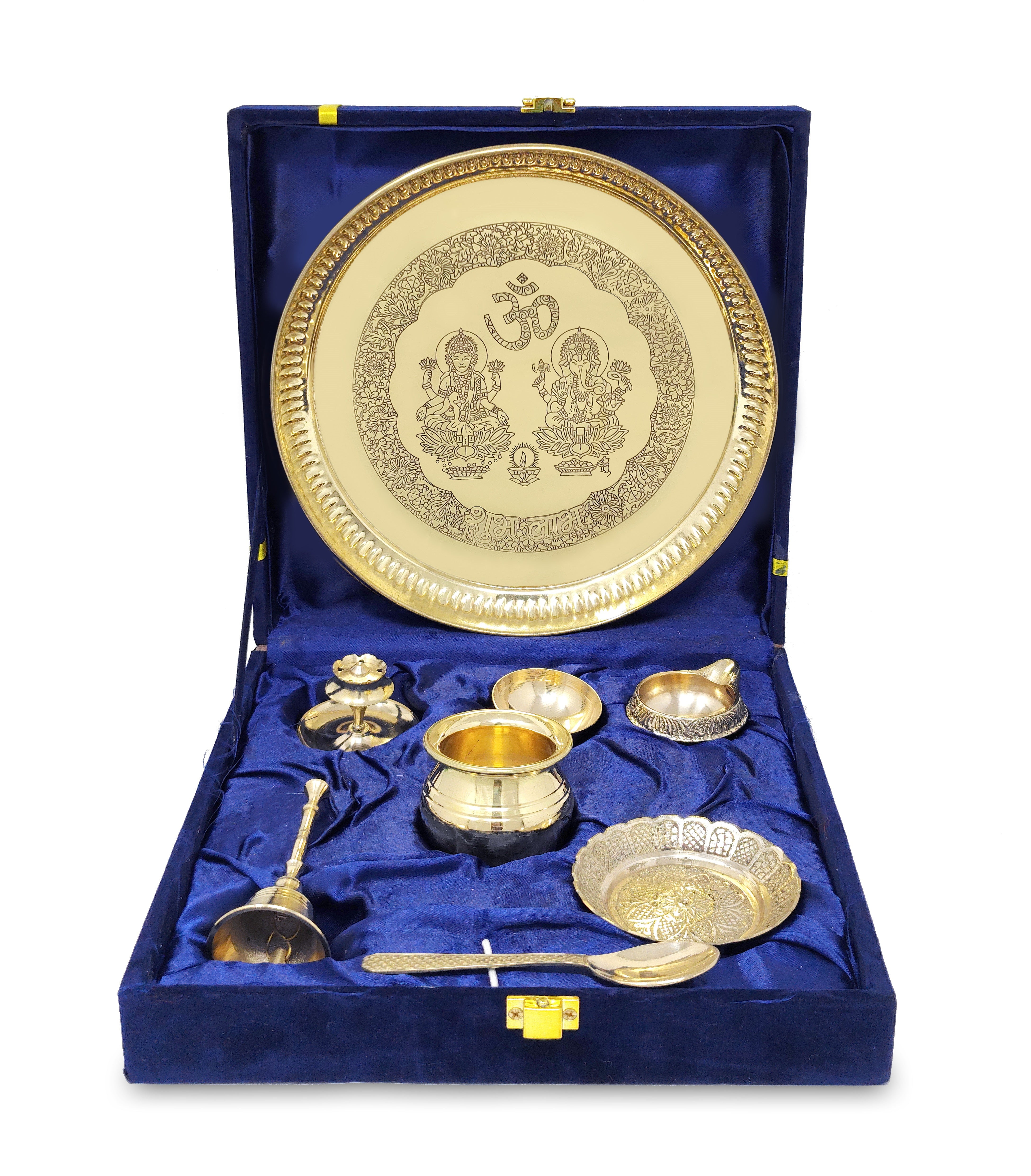 BENGALEN Brass Puja Thali Set with Blue Gift Box 8 Inch