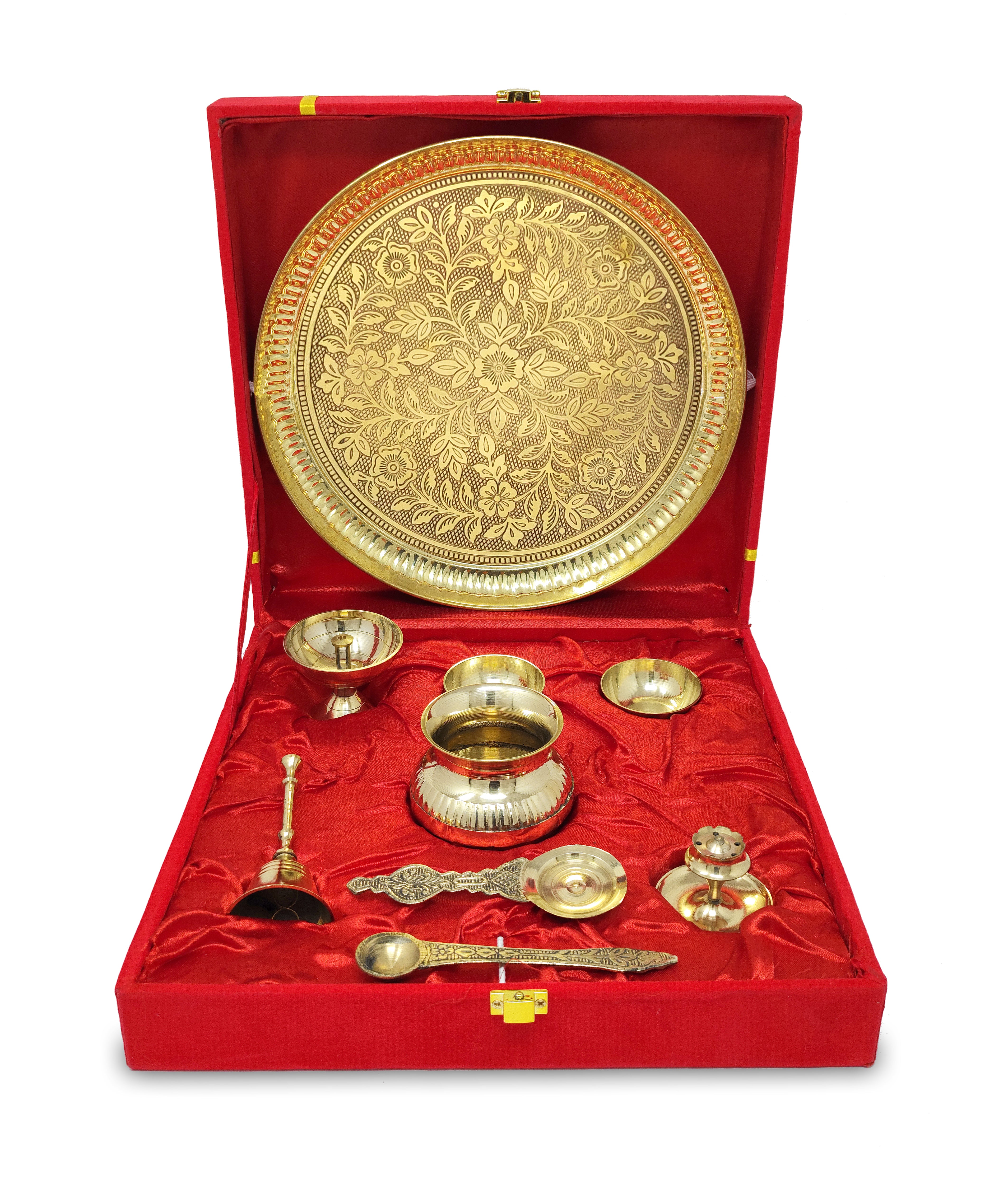 BENGALEN Brass Pooja Thali Set with Red Gift Box 10 Inch