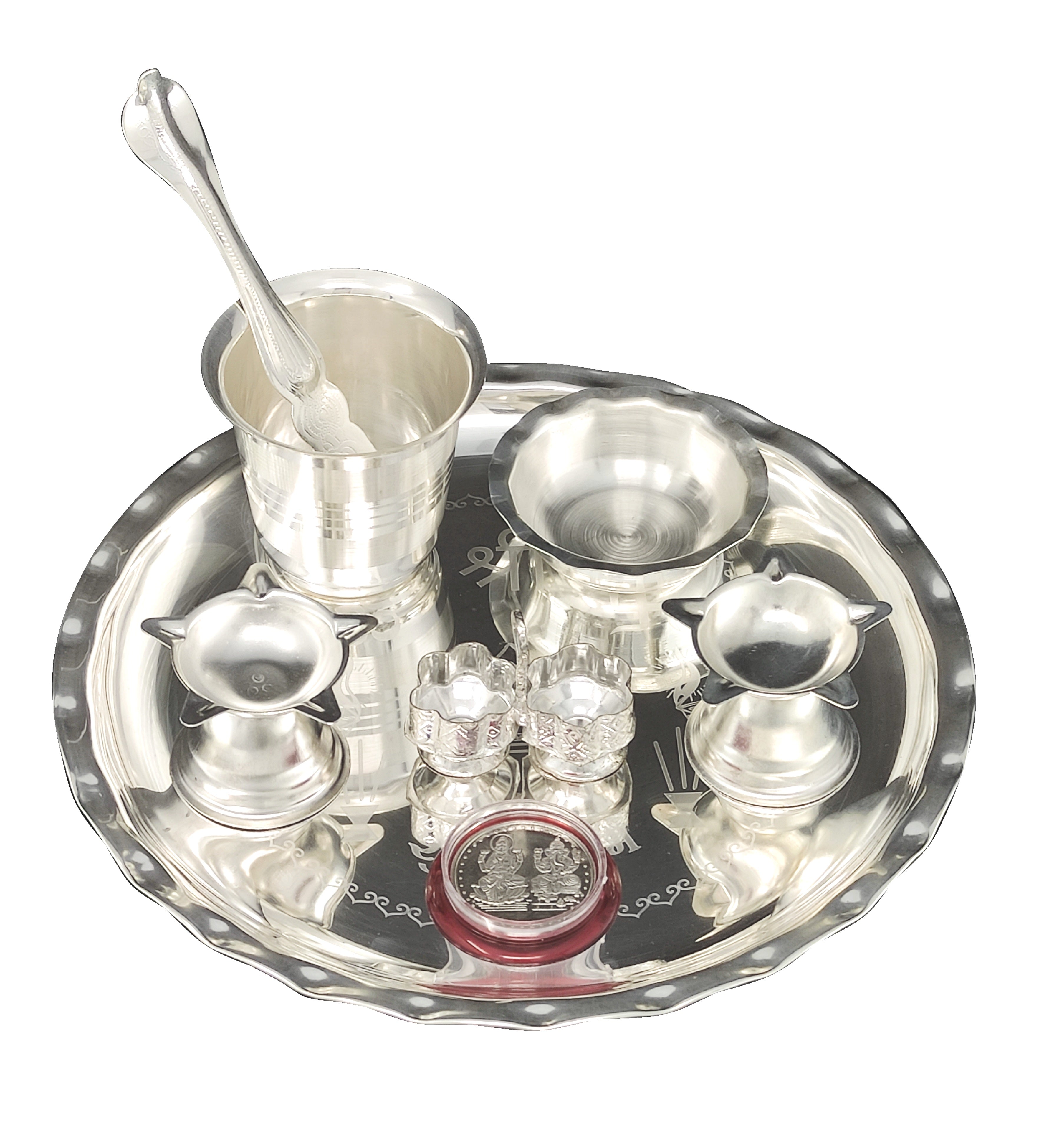 Bengalen Silver Plated Pooja thali Set 8 Inch with Plate Bowl Glass Palli Diya Coin Puja Thali for Diwali Home Office Mandir Wedding Return Gift Items