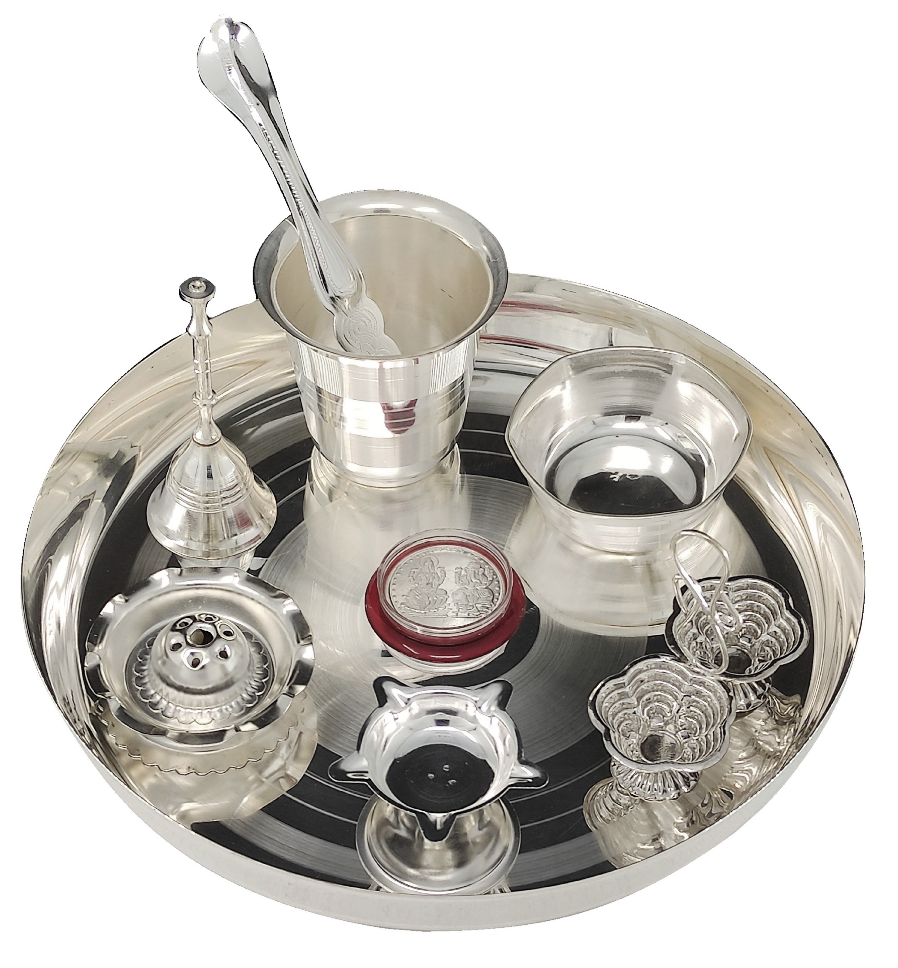 Bengalen Silver Plated Pooja thali Set 8 Inch with Plate Diya Glass Bowl Ghanti Agarbatti Stand Palli Kumkum Stand Coin Puja Thali for Diwali Home Mandir Office Wedding Return Gift Items