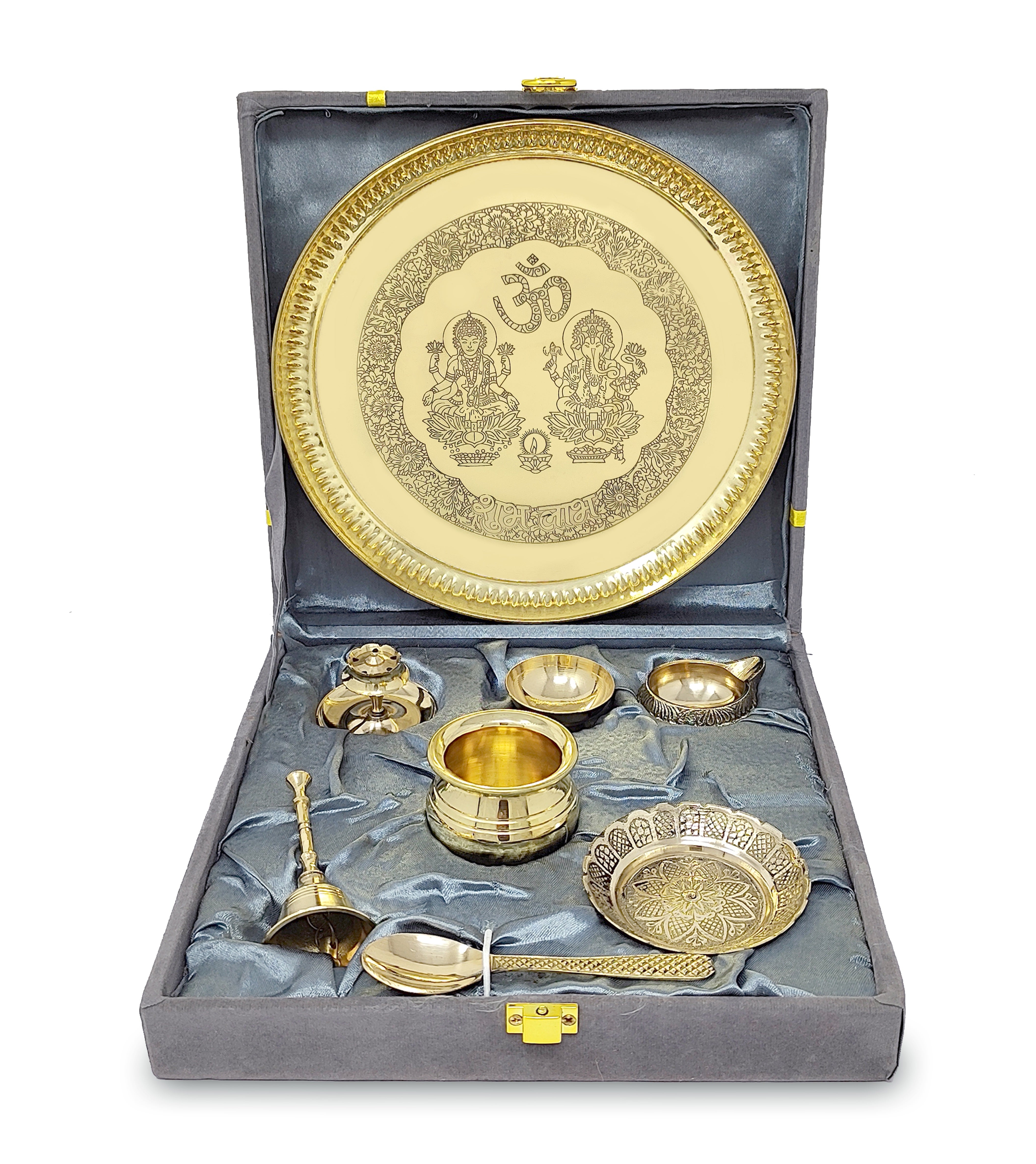 BENGALEN Brass Puja Thali Set with Grey Gift Box 8 Inch