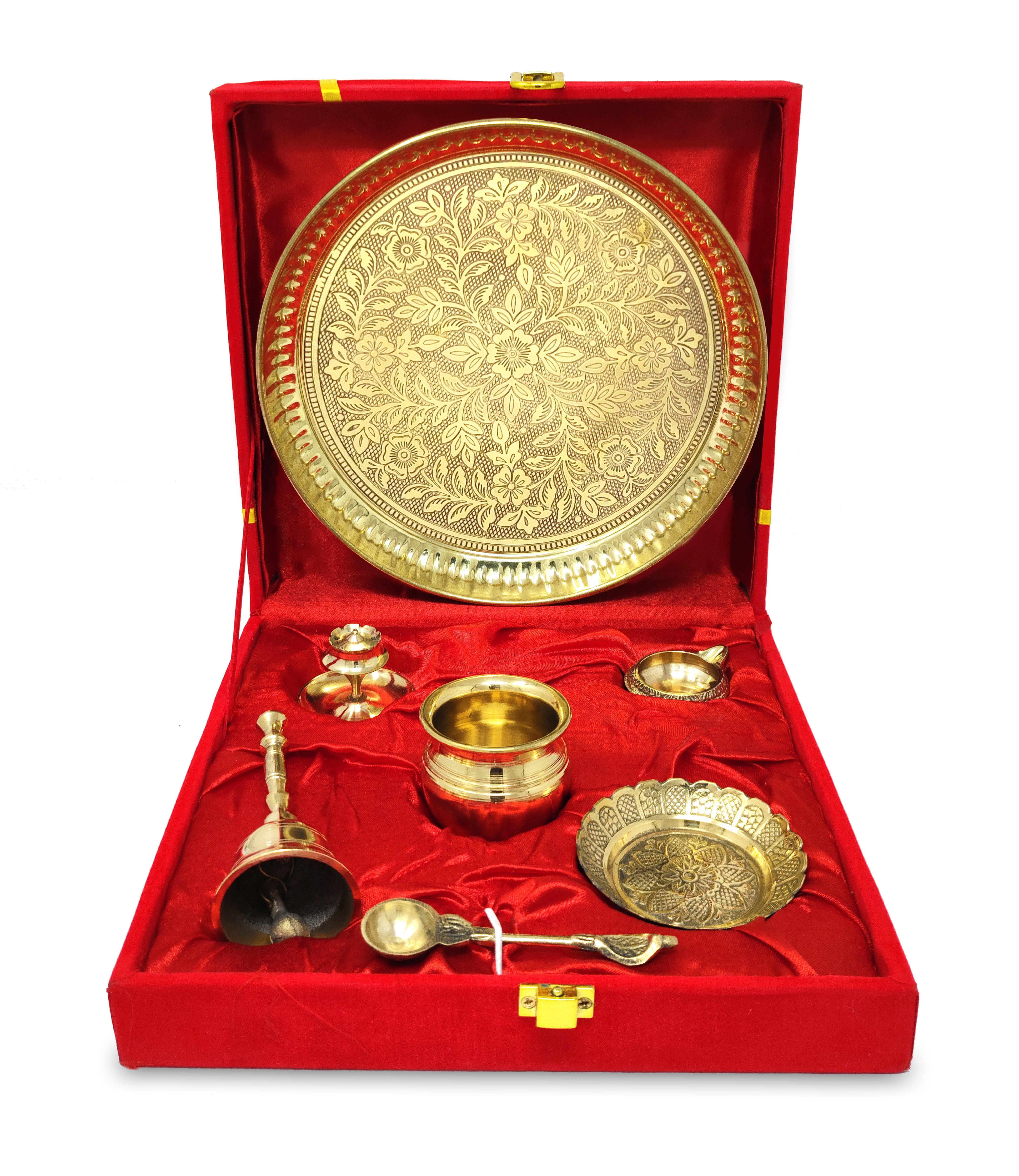 BENGALEN Brass Pooja Thali Set with Red Gift Box 8 Inch