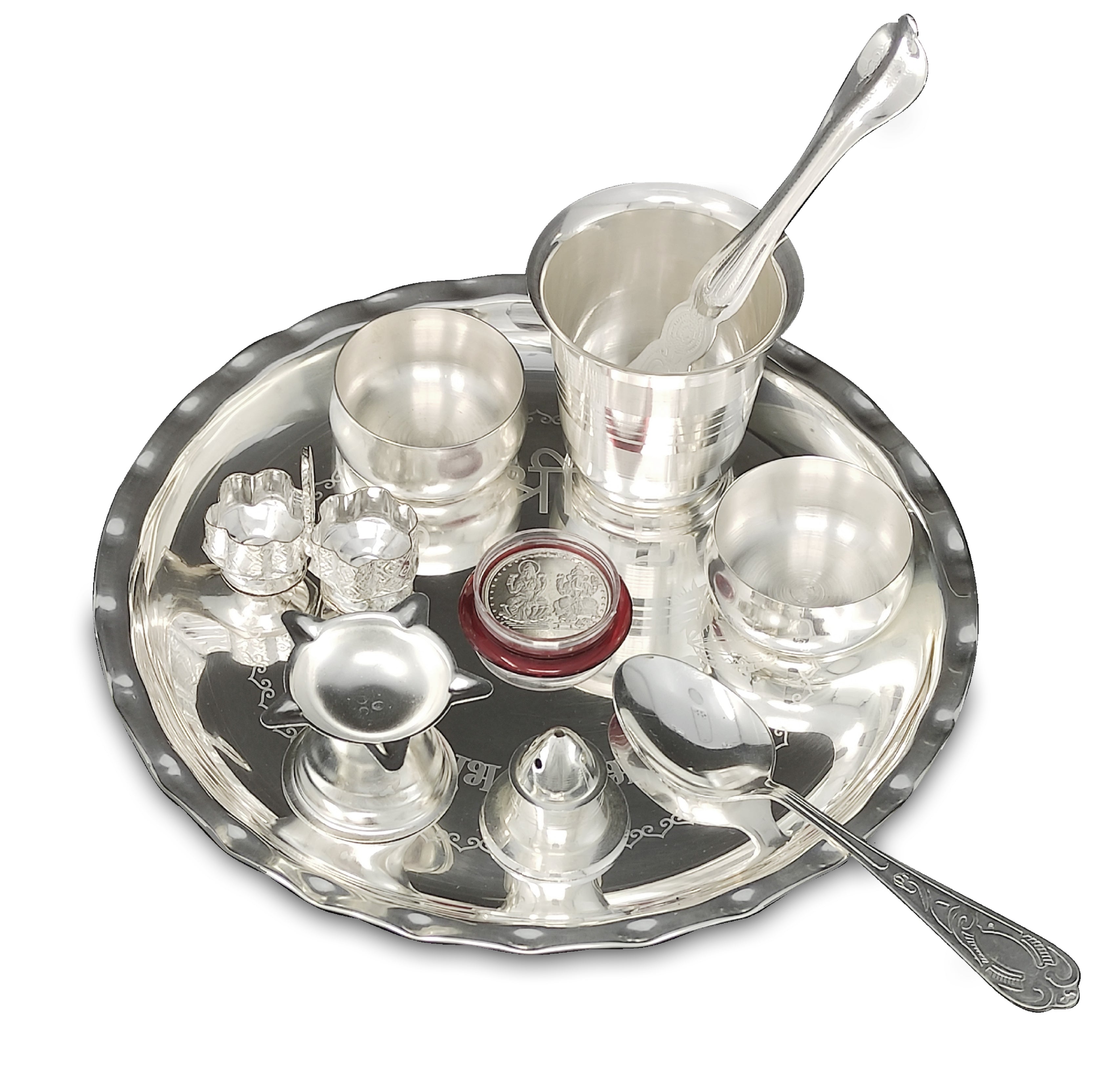 BENGALEN Silver Plated Pooja thali Set 8 Inch with Plate Bowl Glass Palli Spoon Dhup Dan Diya Kumkum Holder Coin Puja Thali for Diwali Home Mandir Office Wedding Return Gift Items