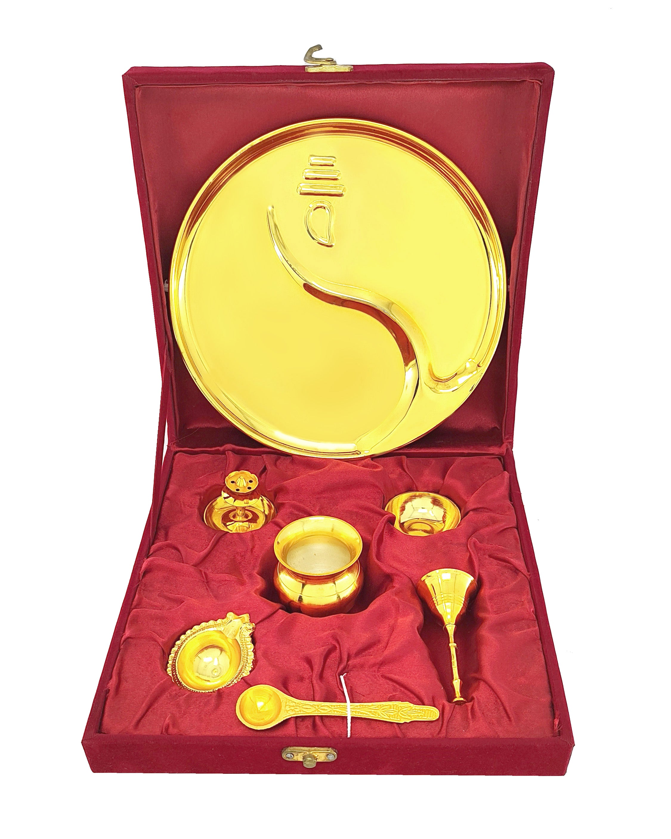 BENGALEN Pooja Thali Set Gold Plated with Gift Box 22 cm Designed Puja Plate Kalash Ghanti Bowl Spoon Dhup Dan Kuber Diya for Housewarming Diwali Wedding Gift Items