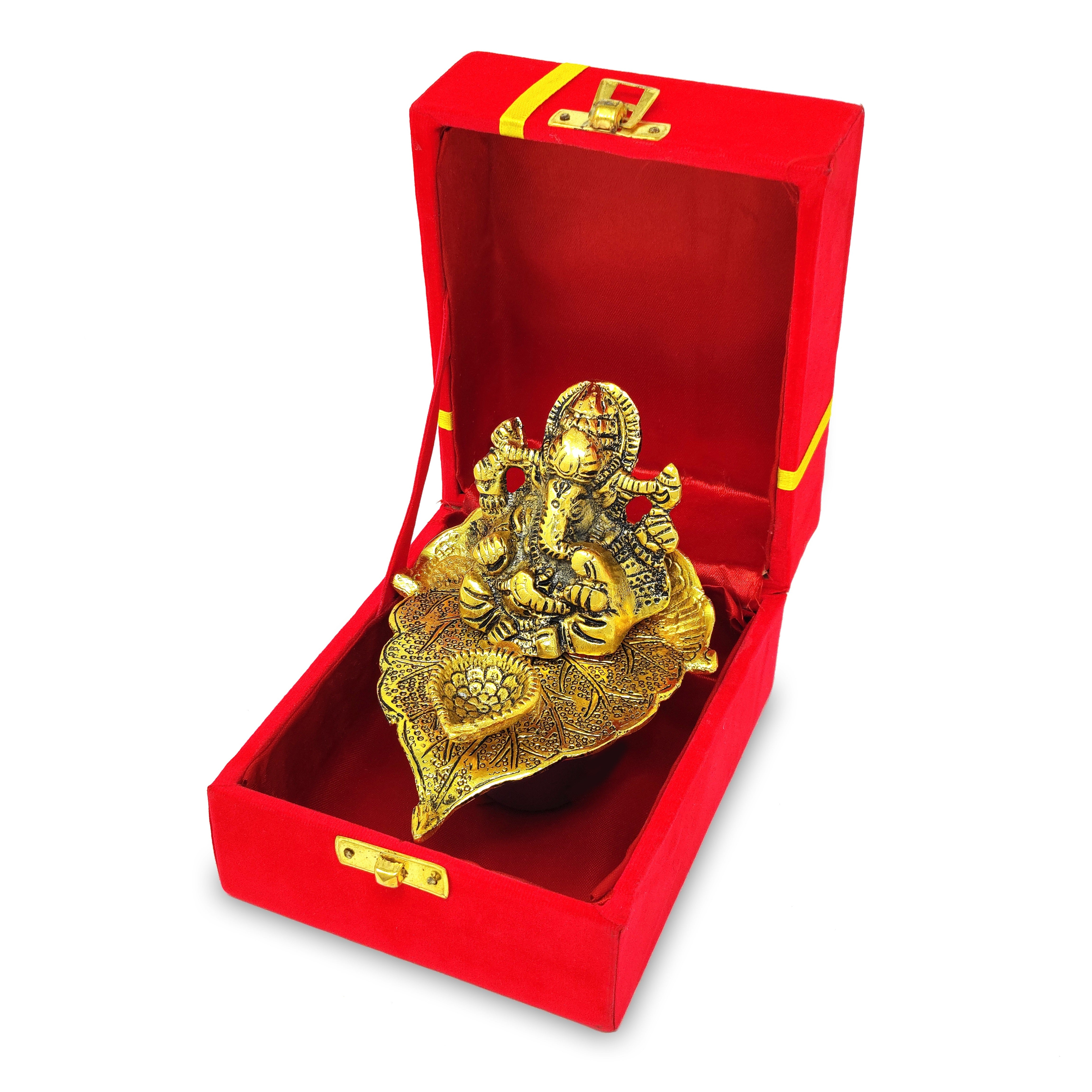 BENGALEN Diya Ganesha on Leaf Oil Lamp Statue Idol Gold with Red Velvet Gift Box Pooja Items Diwali Decoration Puja Gifts Handmade Oil Lamp Traditional Indian Deepawali Gift Items