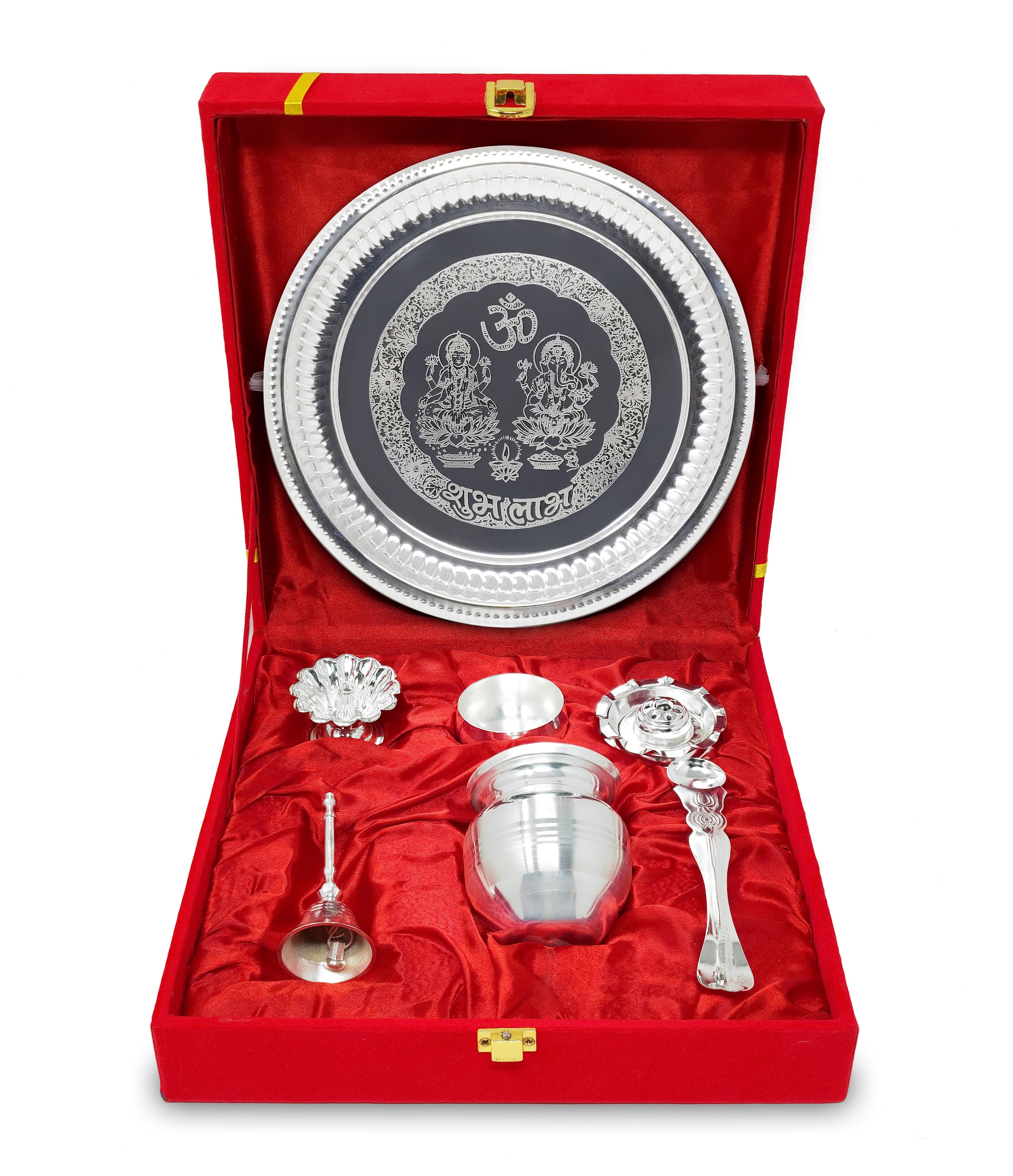 BENGALEN Pooja Thali Set Silver Plated with Red Gift Box Puja Plate Devdas Diya Kalash Bowl Palli Haldi Kumkum Stand Dhup Dan Ghanti for Home Office Diwali Wedding Return Gifts