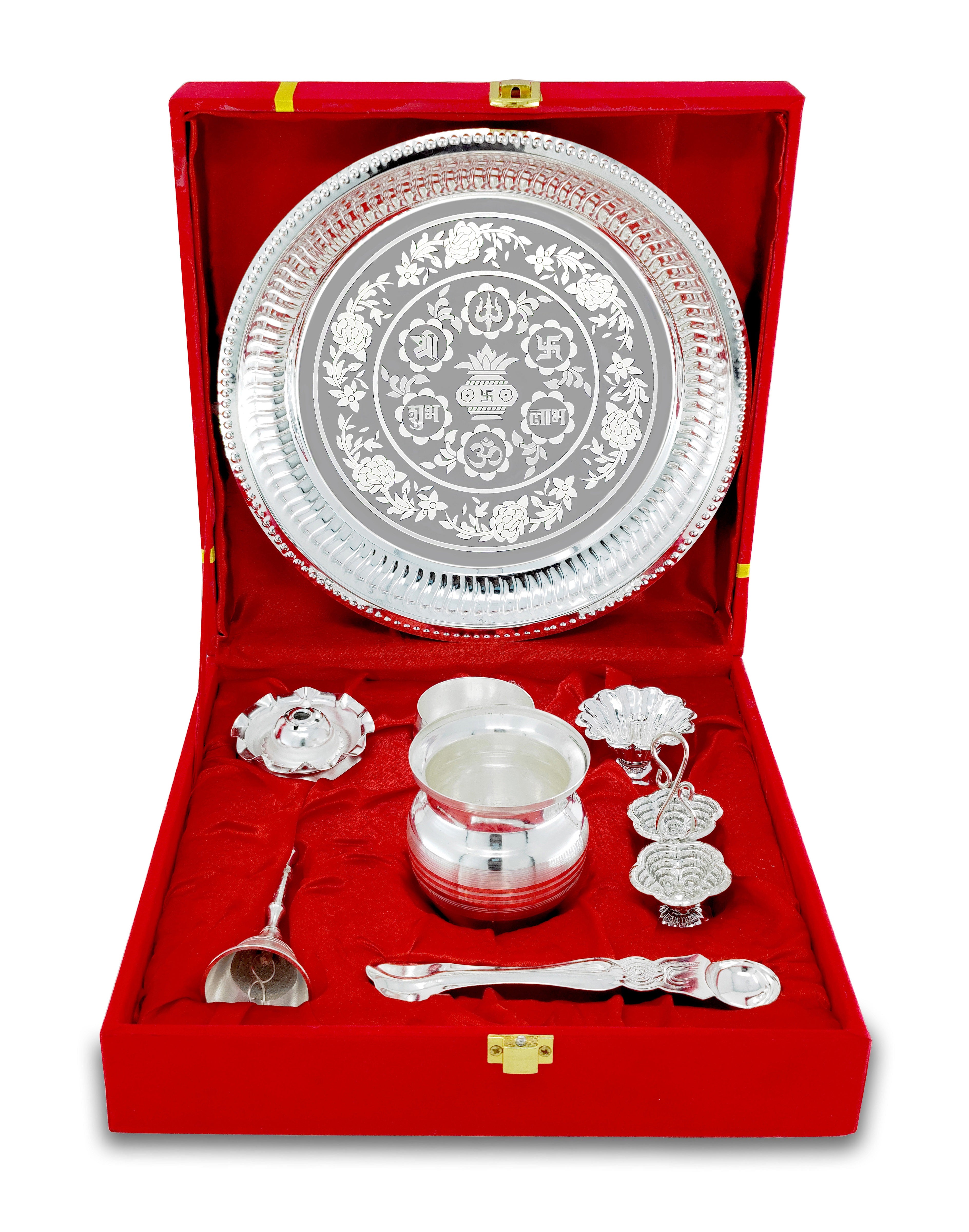 BENGALEN Pooja Thali Set Silver Plated with Red Gift Box Puja Plate Devdas Diya Kalash Bowl Palli Haldi Kumkum Stand Dhup Dan Ghanti for Home Office Diwali Wedding Return Gifts