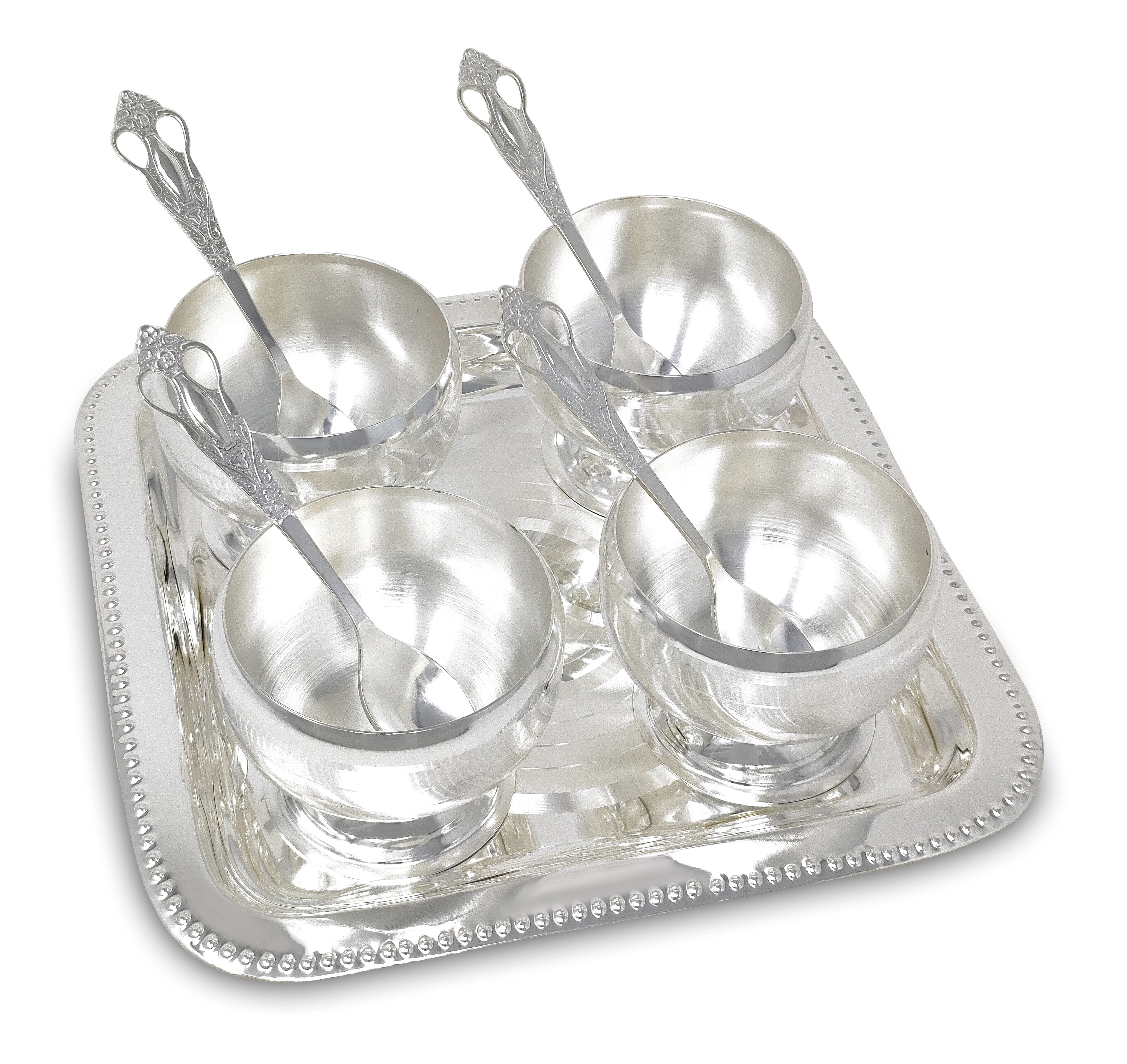 BENGALEN Bowl Spoon Tray Set Silver Plated Dessert Dry Fruits Ice Cream Serving Diwali Christmas Eid Wedding Return Gifts Friends Family Home Decoration Housewarming Corporate Gift Items