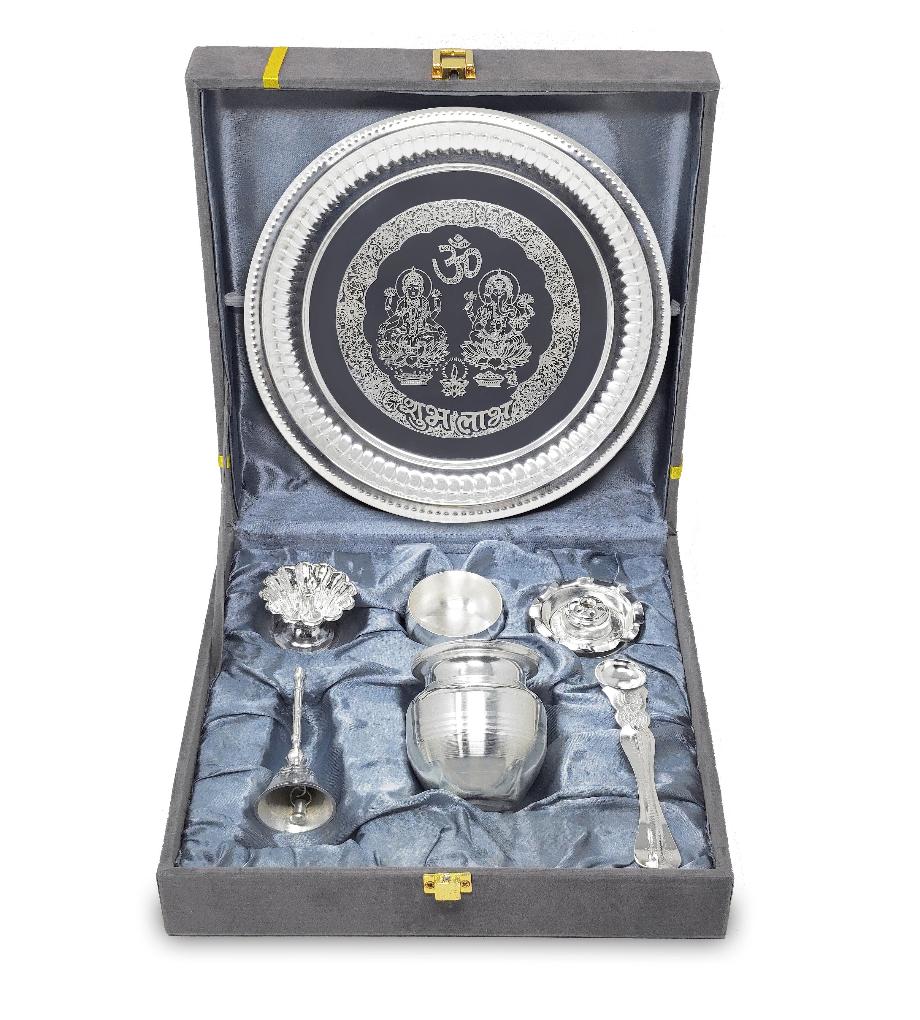 BENGALEN Pooja Thali Set Silver Plated with Grey Gift Box Puja Plate Devdas Diya Kalash Bowl Palli Haldi Kumkum Stand Dhup Dan Ghanti for Home Office Diwali Wedding Return Gifts