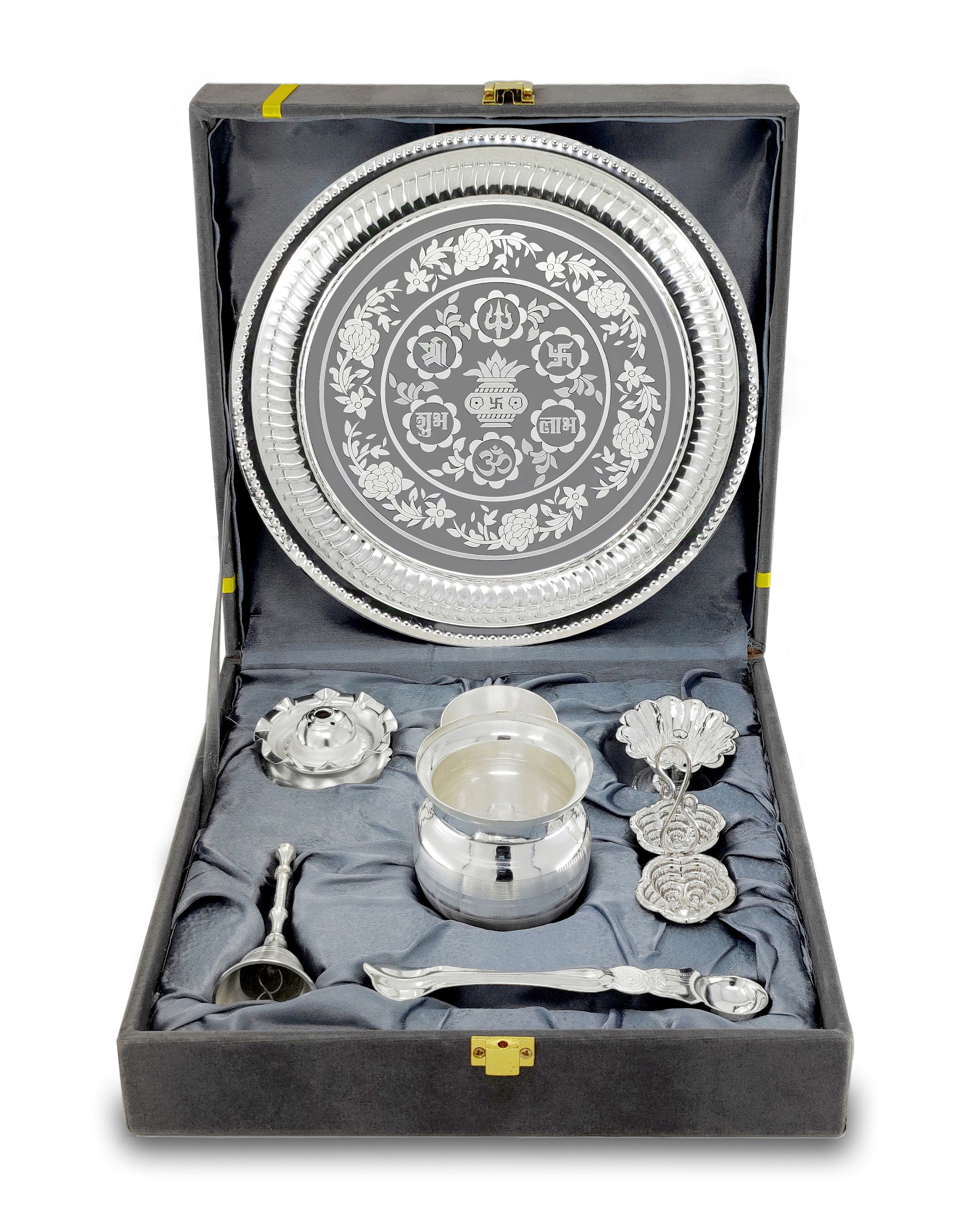 BENGALEN Pooja Thali Set Silver Plated with Grey Gift Box Puja Plate Devdas Diya Kalash Bowl Palli Haldi Kumkum Stand Dhup Dan Ghanti for Home Office Diwali Wedding Return Gifts