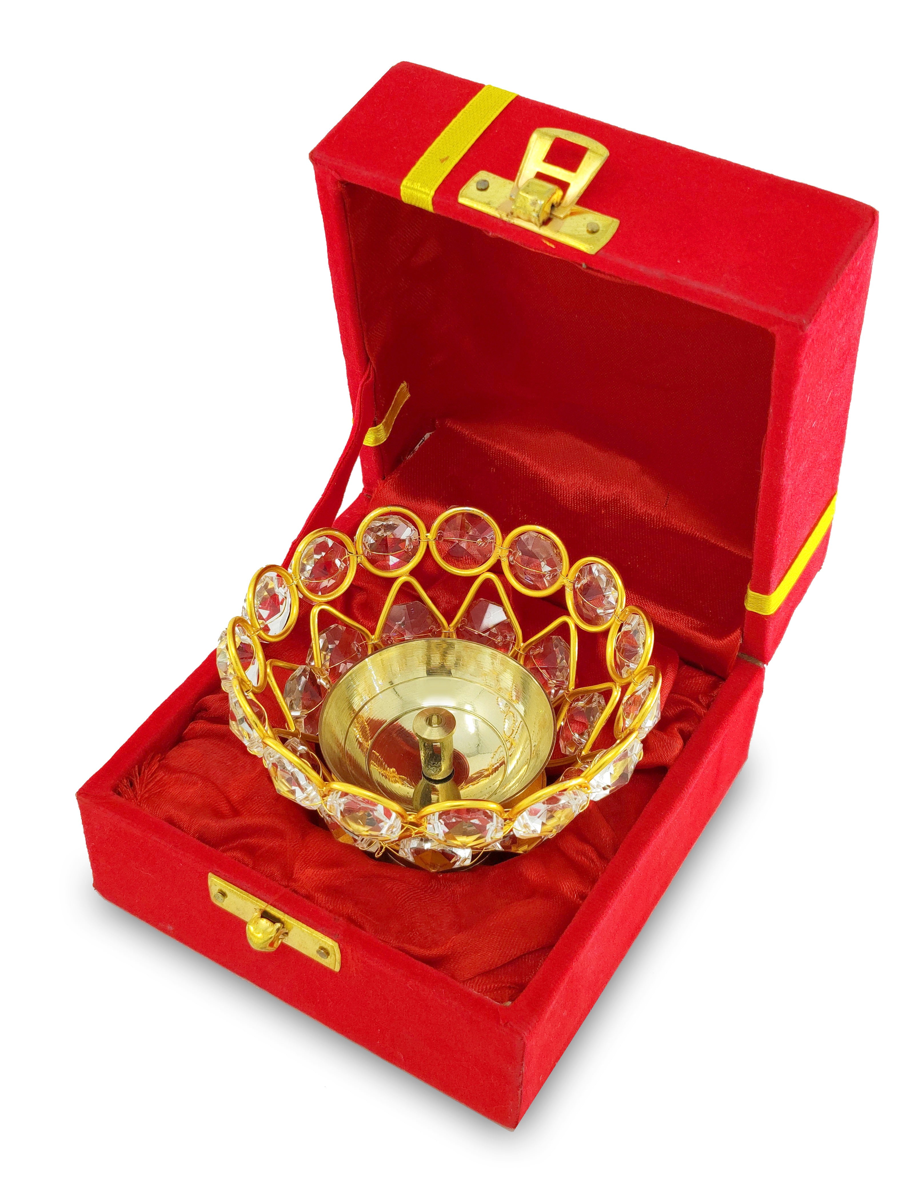 BENGALEN Crystal Diya with Red Velvet Gift Box Brass Chrystal Akhand Piyali Dia Pooja Items Diwali Decoration Puja Gifts Handmade Oil Lamp