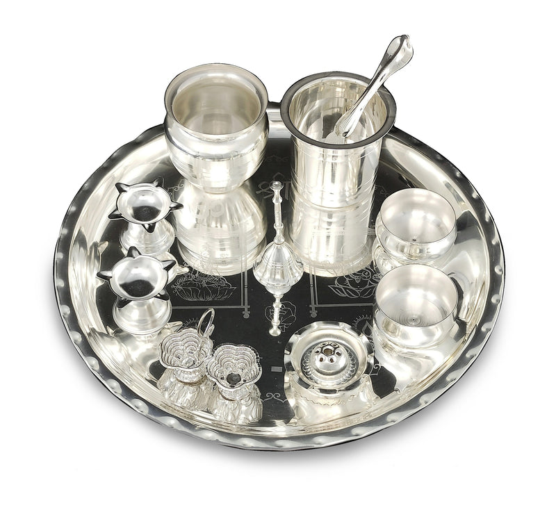 BENGALEN Pooja Thali Set 12 Inch Silver Plated with Designed Puja Plate Kalash Panchpatra Palli Bowl Dhup Dan Ghanti Haldi Kumkum Stand Diya for Home Mandir Office Wedding Return Gift Items