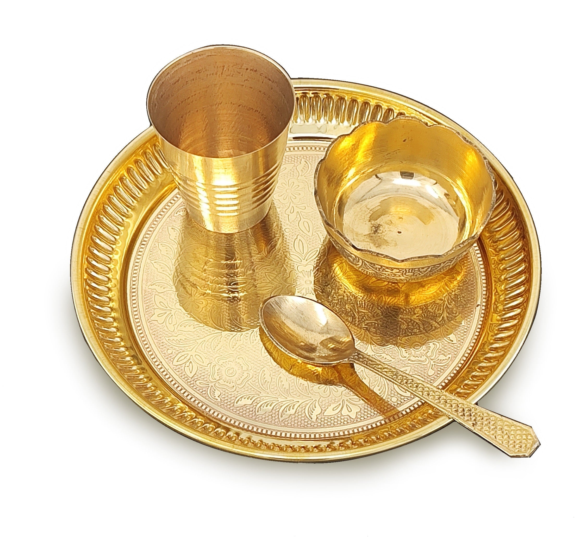 BENGALEN Brass Pooja Bhog Thali Set 6 Inch Puja Thali with Pital Plate Bowl Spoon Glass Arti Bhog Thali for Diwali Home Office Mandir Wedding Return Gift Items