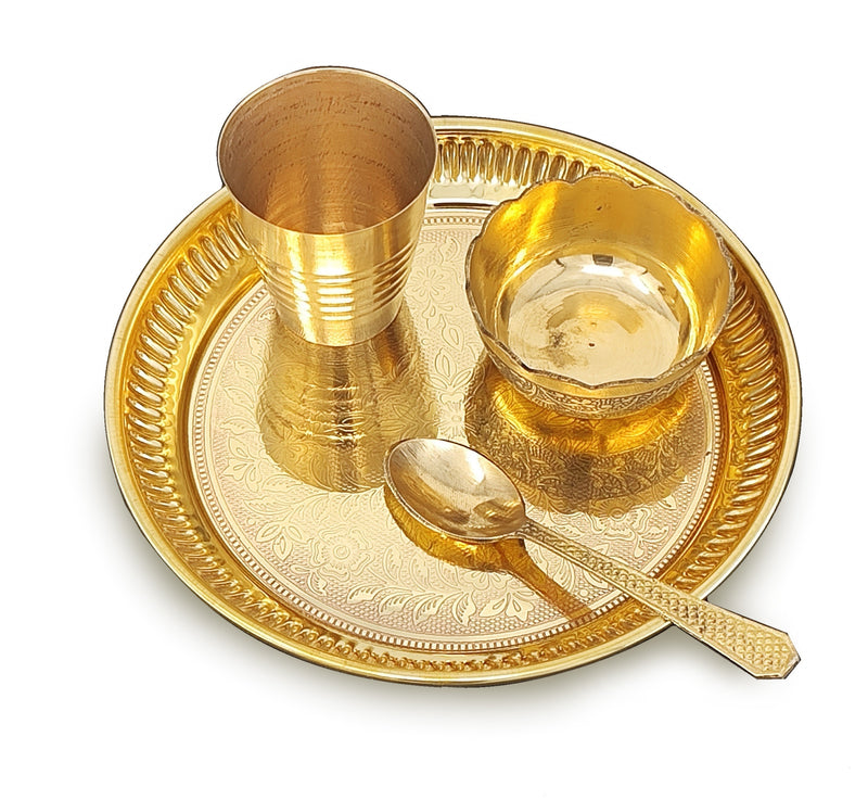 BENGALEN Brass Pooja Thali Set 6 Inch Puja Thali with Pital Plate Bowl Spoon Glass Arti Bhog Thali for Diwali Home Office Mandir Wedding Return Gift Items