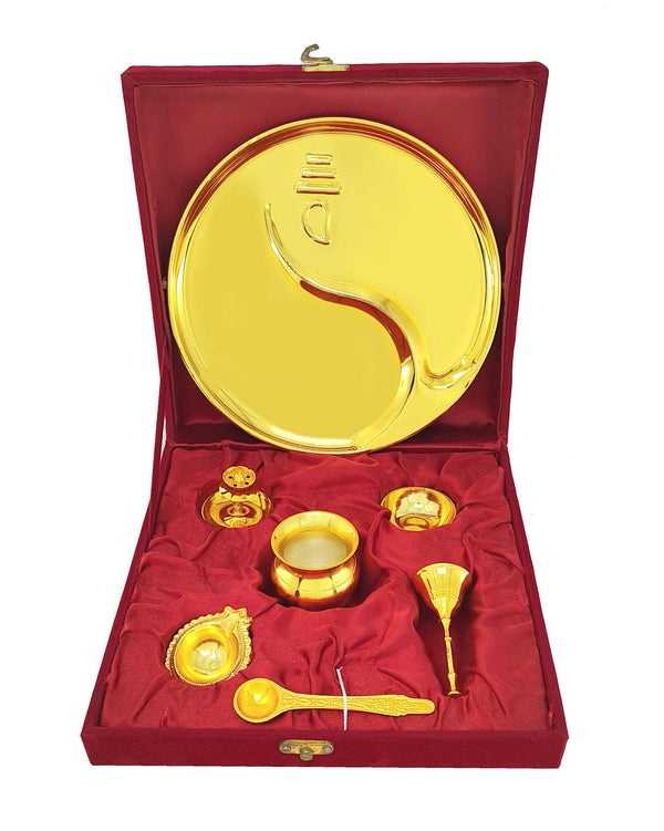 BENGALEN Pooja Thali Set Gold Plated with Gift Box 22 cm Designed Puja Plate Kalash Ghanti Bowl Spoon Dhup Dan Kuber Diya for Housewarming Diwali Wedding Gift Items