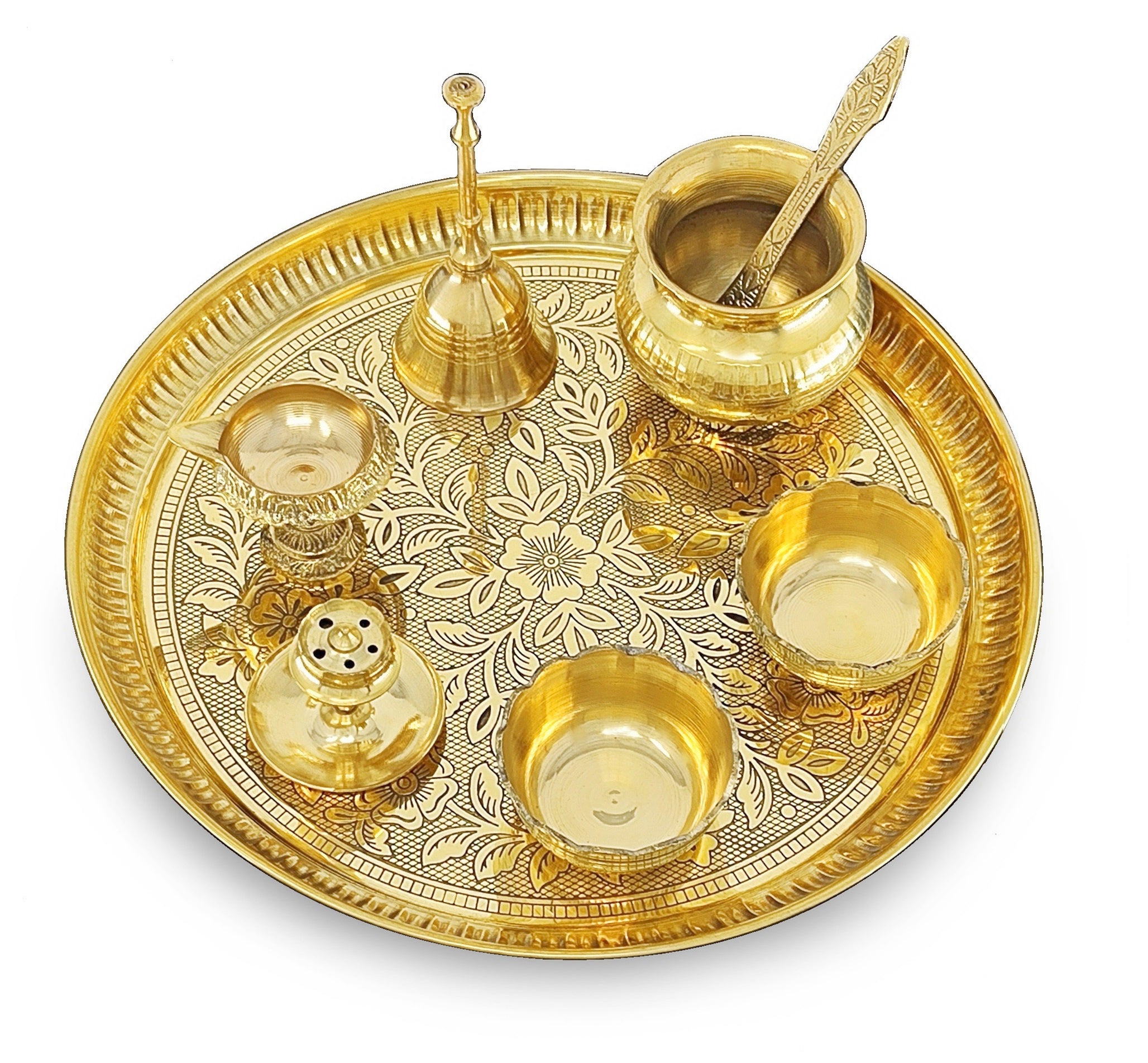 BENGALEN Brass Pooja Thali Set 10 Inch for Diwali Home Office Mandir Wedding Return Gift Items