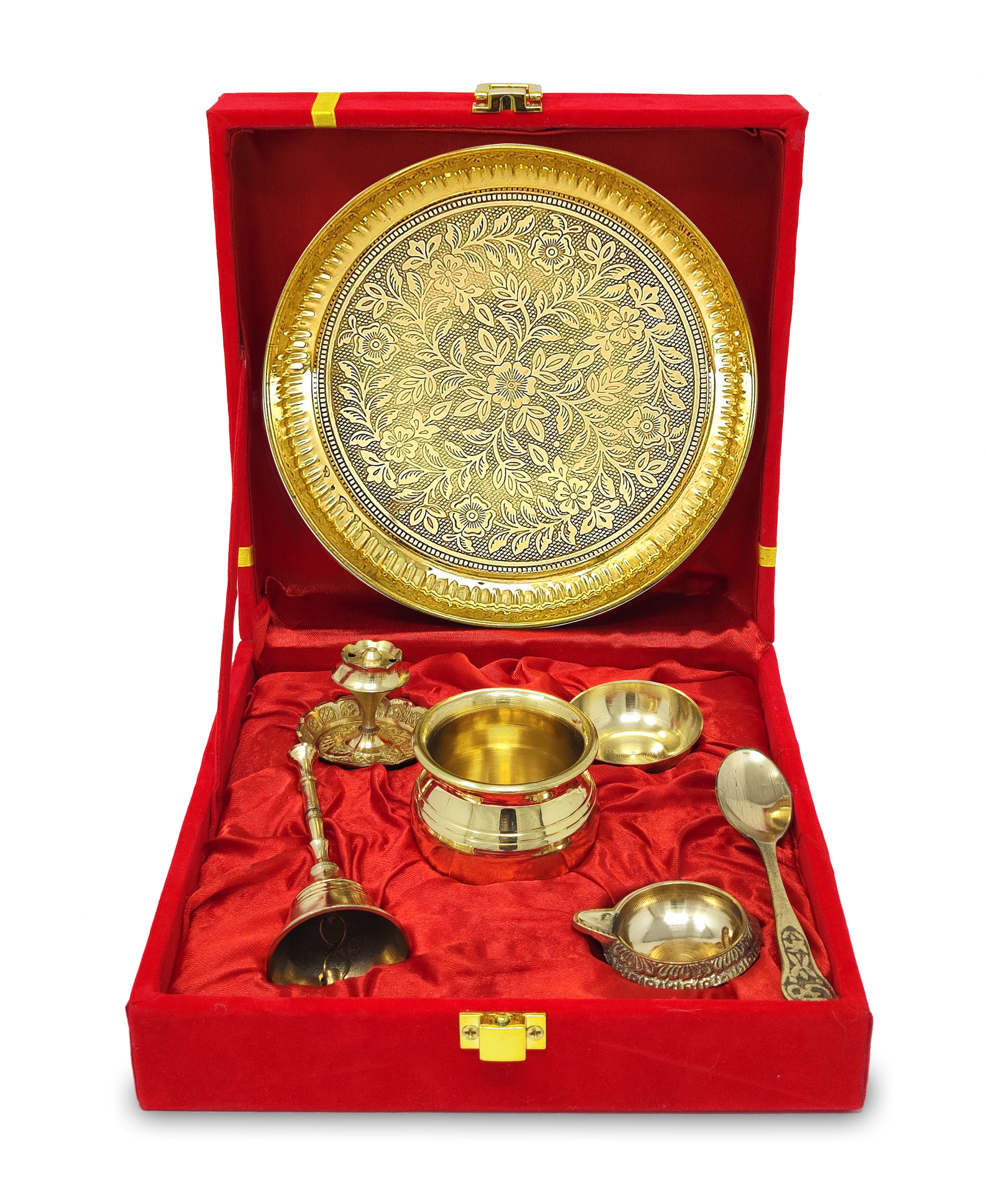 Bengalen Pure Brass Pooja Thali Set 6 Inch with Red Velvet Gift Box