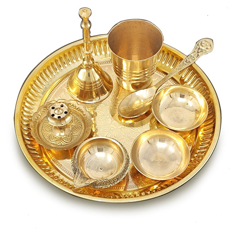 BENGALEN Brass Pooja Thali Set 6 Inch Puja Thali with Pital Plate Glass Chandan Wati Dhup Dan Kuber Deep Ghanti Spoon Arti Thali for Diwali Home Office Mandir Wedding Return Gift Items