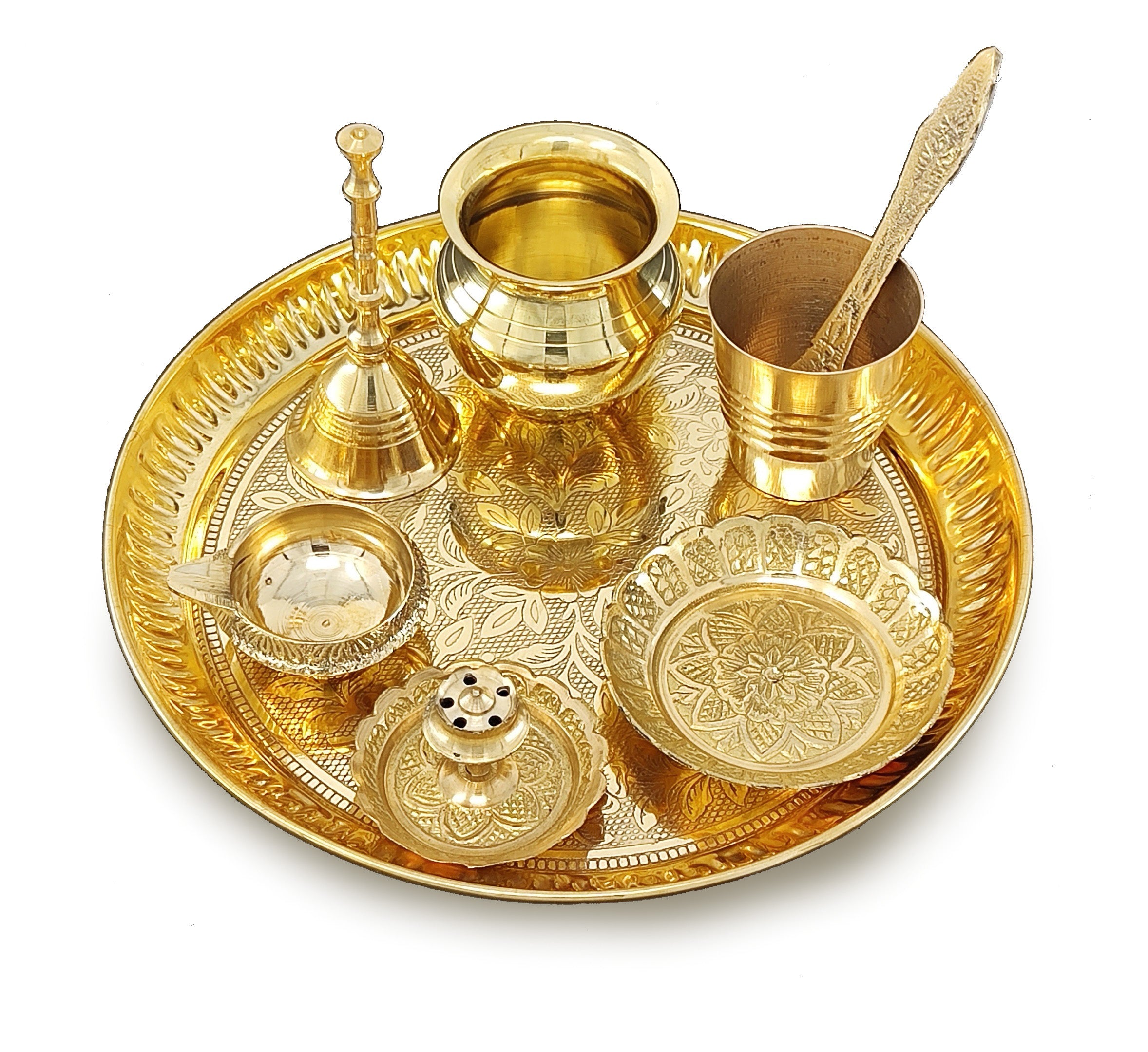 BENGALEN Brass Pooja Thali Set 7 Inch with Pital Puja Plate Kalash Bowl Spoon Dhup Dan Palli Ghanti Kuber Diya Chandan Wati Arti Thali for Diwali Home Office Mandir Wedding Return Gift Items