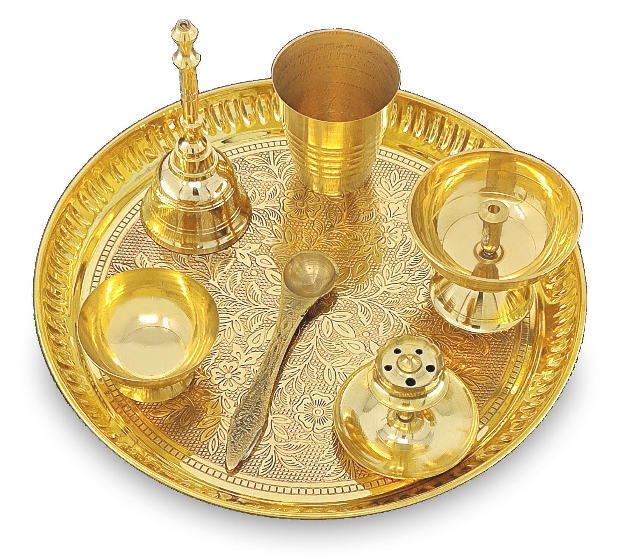 BENGALEN Brass Pooja Thali Set 8 Inch Puja Thali with Pital Plate Glass Piyali Diya Dhup Dan Chandan Wati Ghanti Palli for Diwali Home Office Mandir Wedding Return Gift Items