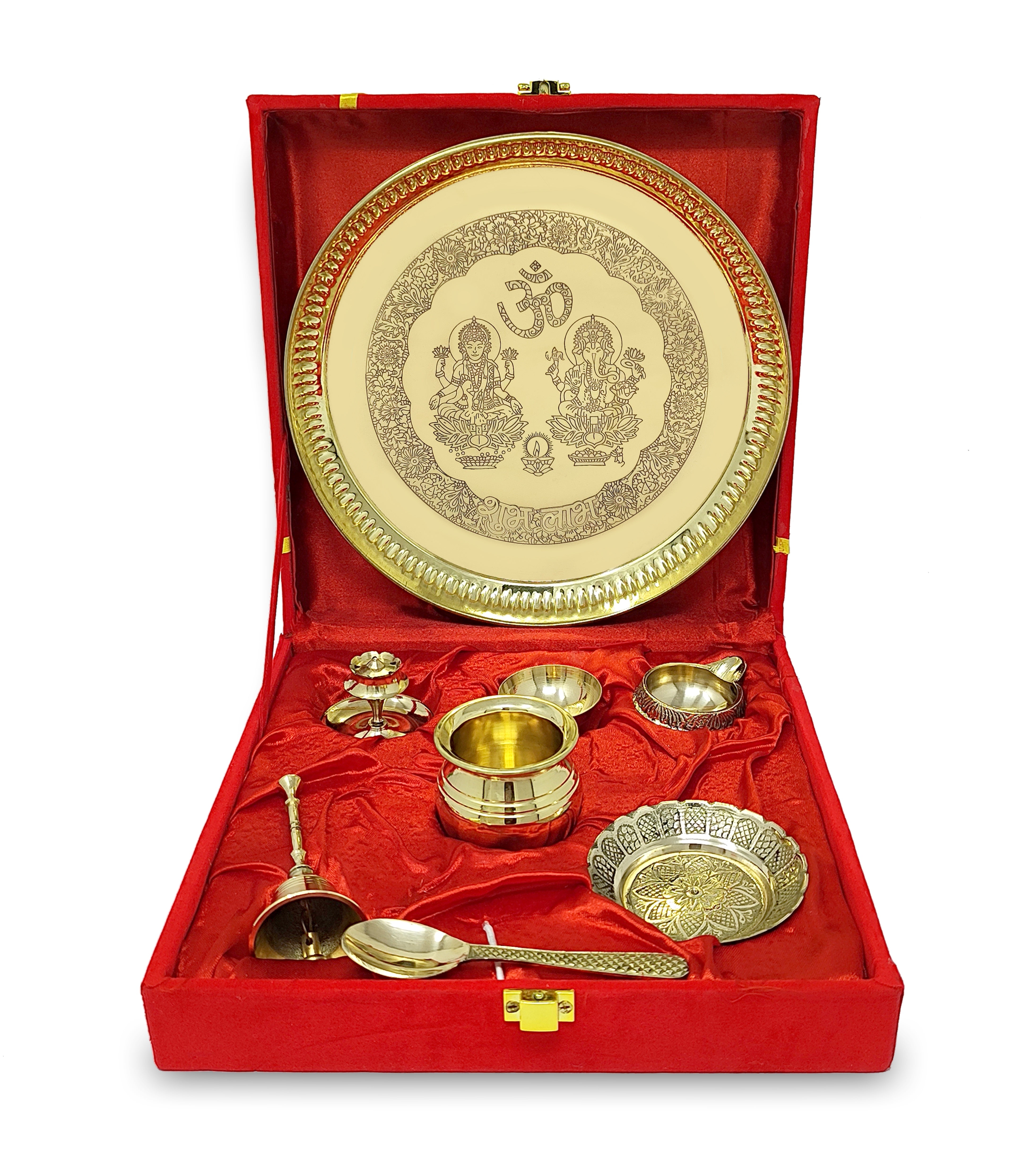 BENGALEN Brass Puja Thali Set with Red Gift Box 8 Inch