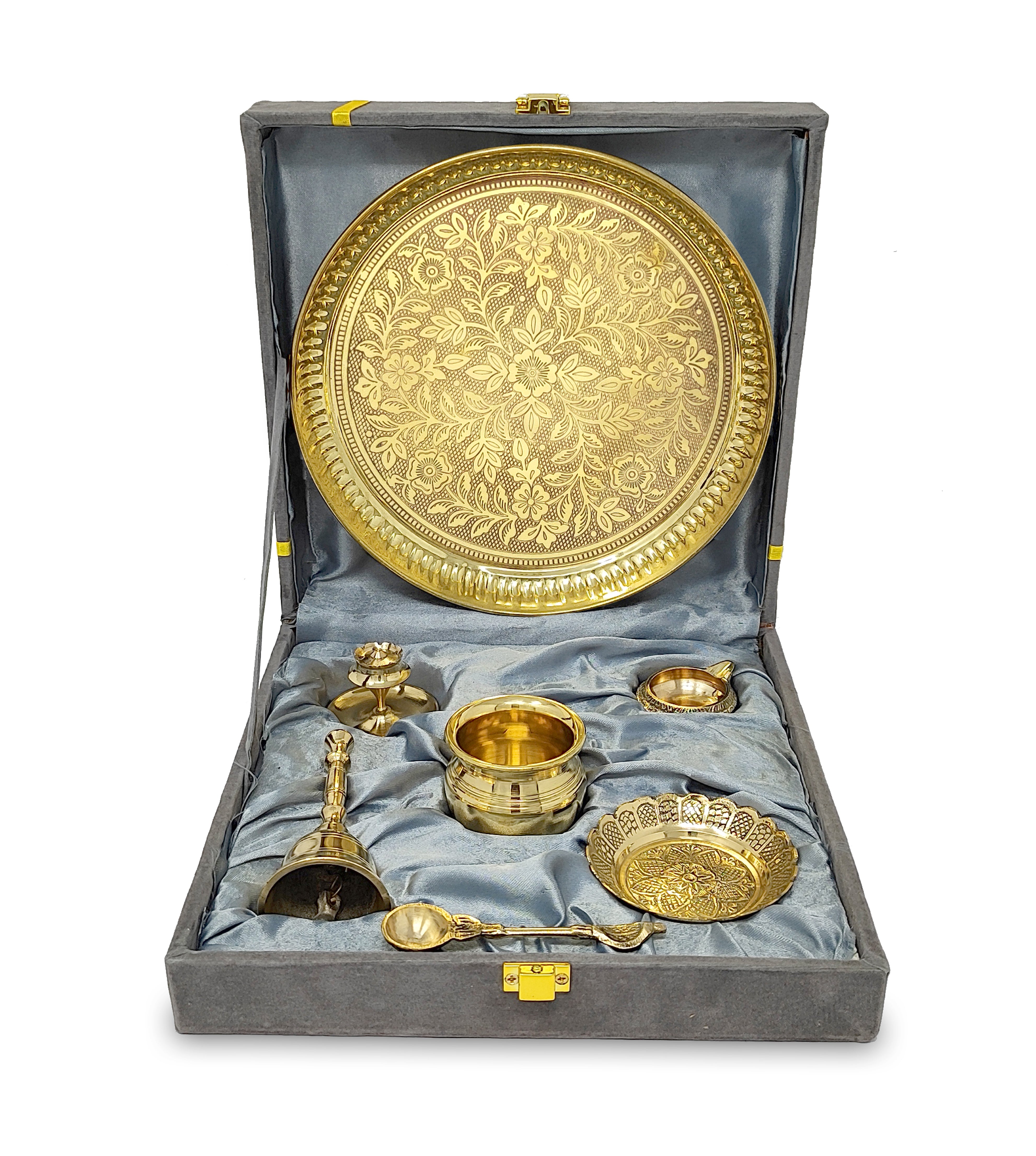 BENGALEN Brass Pooja Thali Set with Grey Gift Box 8 Inch