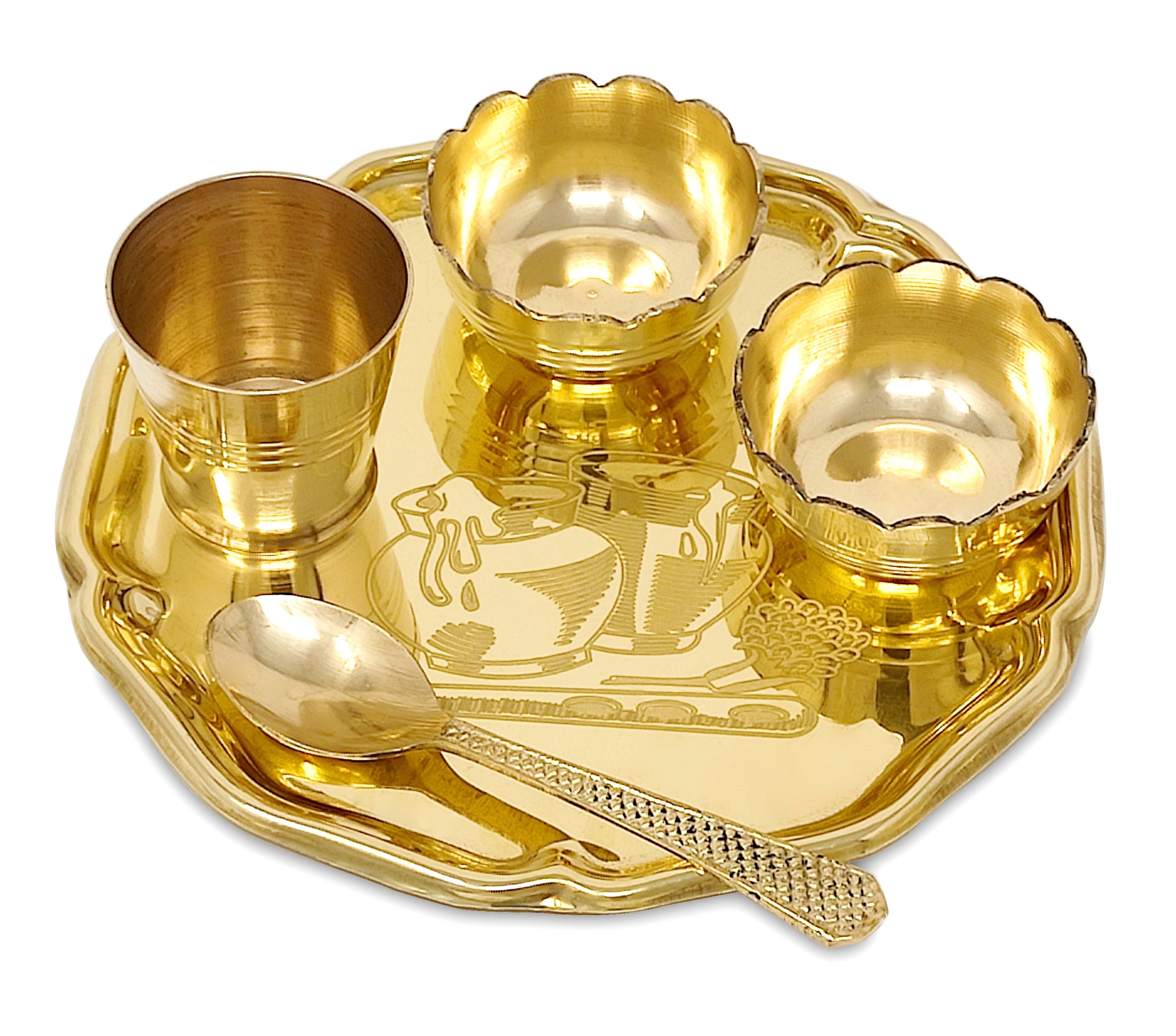 BENGALEN Pooja thali Set Brass Small 6 Inch Laddu Gopal Bhog Thali for Janmashtami Decoration Puja Item Festival Puja Krishna Bhog Thali Set for Home Office Mandir Return Gift Items