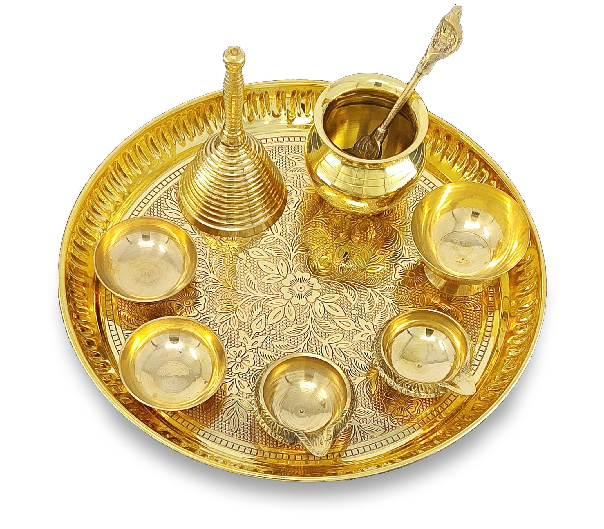 BENGALEN Brass Pooja Thali Set 8 Inch Puja Thali with Pital Plate Kalash Chandan Vati Dhup Dan Kuber Diya Ghanti Palli Arti Thali for Diwali Home Office Mandir Wedding Return Gift Items