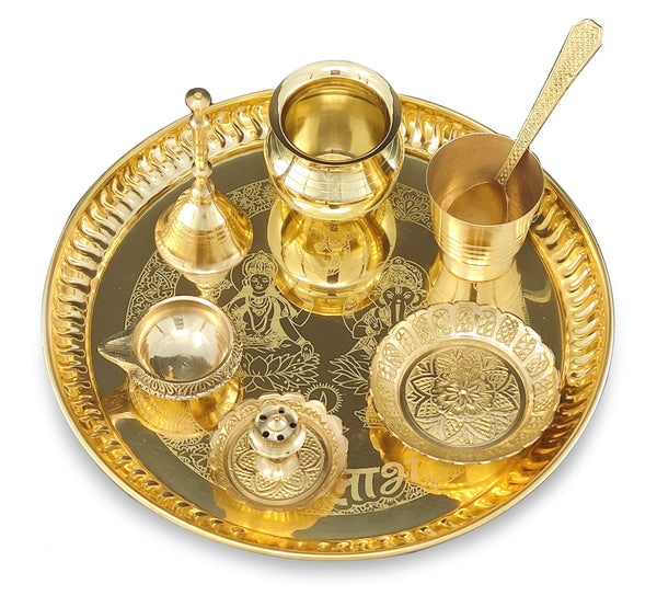 Bengalen Brass Pooja thali Set 8 Inch with Pital Plate Kalash Spoon Glass Diya Bowl Dhup Dan Ghanti Kangura Plate Puja Arti Thali for Diwali Home Mandir Office Wedding Return Gift Items
