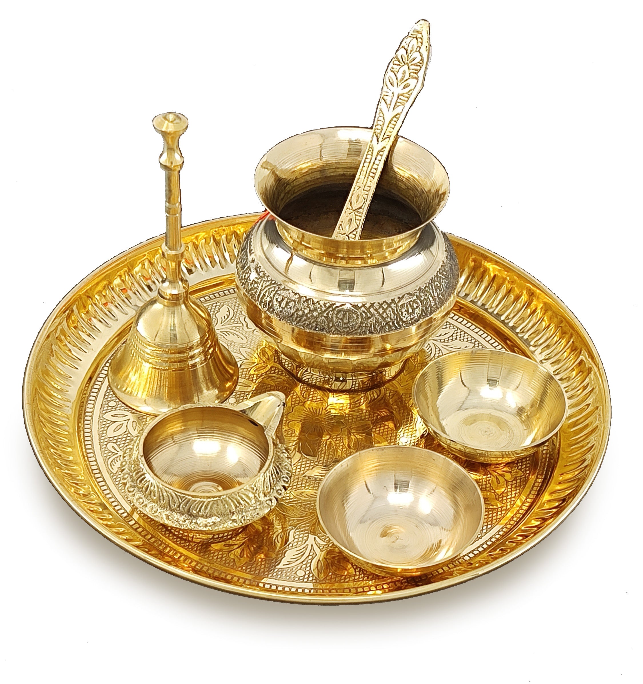 BENGALEN Brass Pooja Thali Set 7 Inch with Pital Puja Plate Kalash Bowl Spoon Dhup Dan Palli Ghanti Kuber Diya Chandan Wati Arti Thali for Diwali Home Office Mandir Wedding Return Gift Items