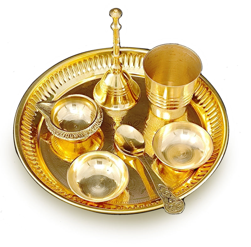 BENGALEN Brass Pooja Thali Set 6 Inch Puja Thali with Pital Plate Glass Chandan Vati Kuber Deep Ghanti Spoon Arti Thali for Diwali Home Office Mandir Wedding Return Gift Items