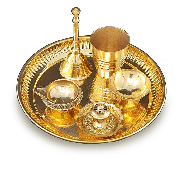 BENGALEN Brass Pooja Thali Set 6 Inch Puja Thali with Pital Plate Glass Chandan Vati Dhup Dan Kuber Diya Ghanti Arti Thali for Diwali Home Office Mandir Wedding Return Gift Items