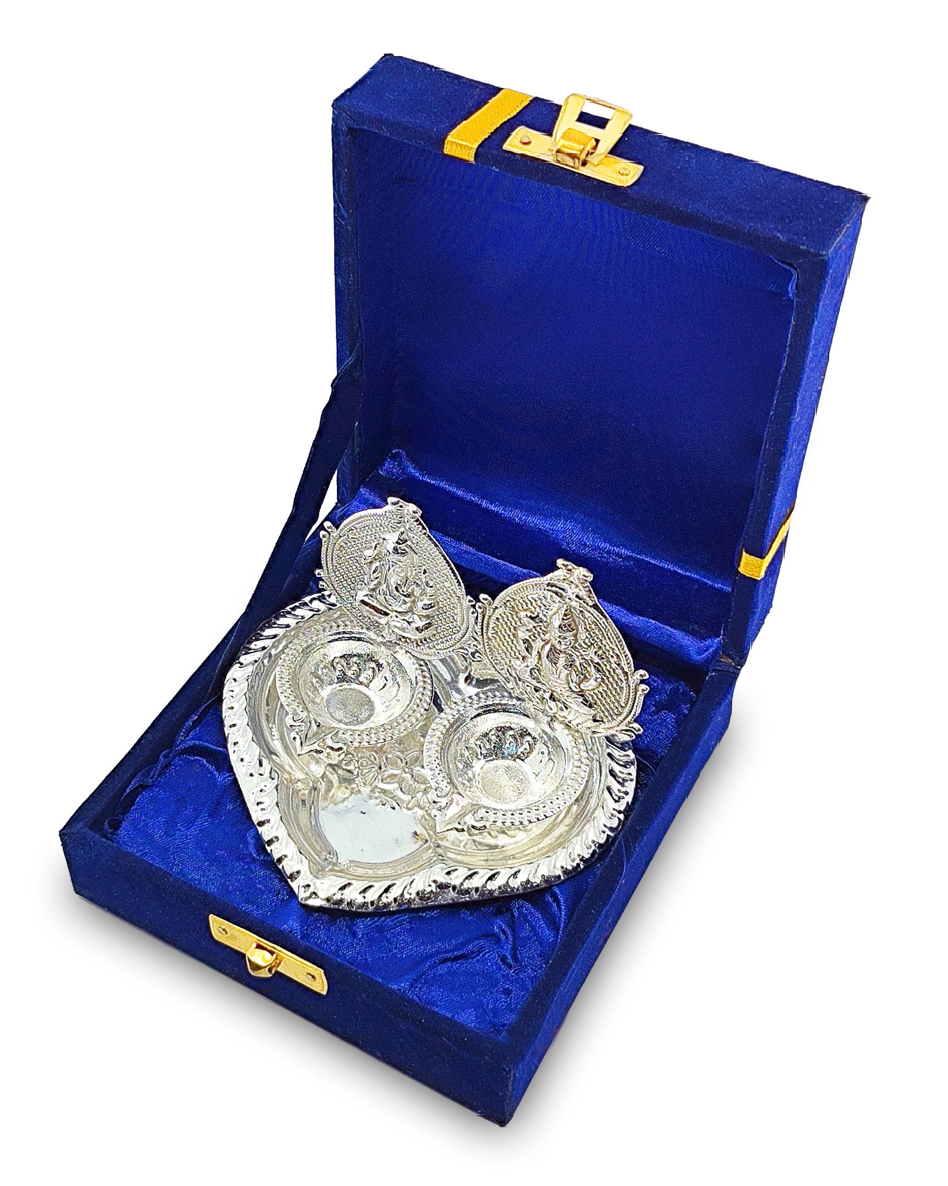 BENGALEN Silver Plated Lakshmi Ganesha Diya with Blue Velvet Gift Box Dia Pooja Items Diwali Decoration Puja Gifts Handmade Gift Items