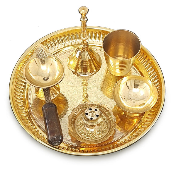 BENGALEN Brass Pooja Thali Set 6 Inch Puja Thali with Pital Plate Glass Chandan Wati Dhup Dan Diya Bell Arti Thali for Diwali Home Office Mandir Wedding Return Gift Items