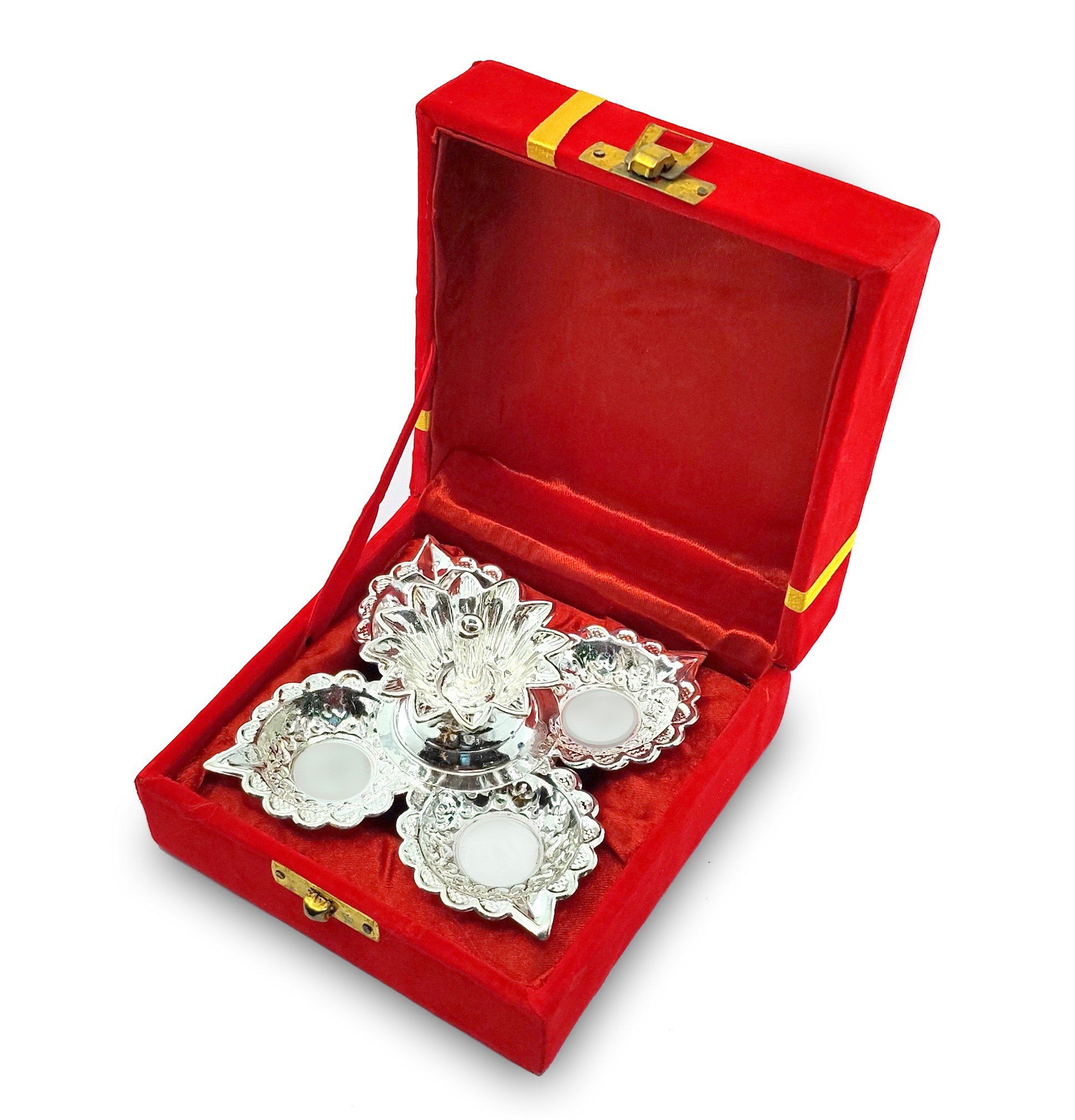 BENGALEN Silver Plated Panchmukhi Diya with Red Velvet Gift Box Pooja Items Diwali Decoration Puja Gifts Handmade Gift Items