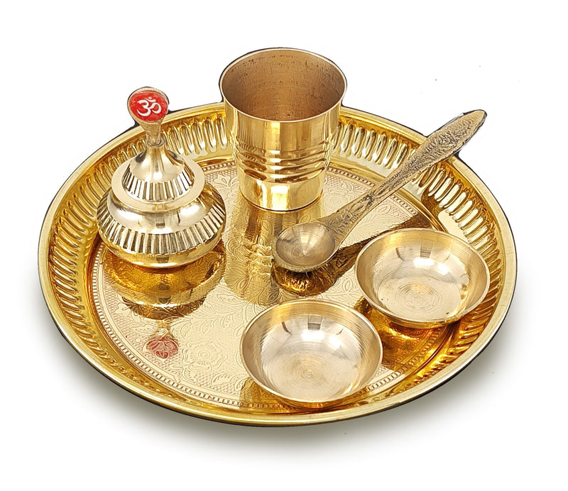 BENGALEN Brass Pooja Thali Set 6 Inch Puja Thali with Pital Plate Plate Glass Chandan Wati Sindoor Dibbi Palli Arti Thali for Diwali Home Office Mandir Wedding Return Gift Items
