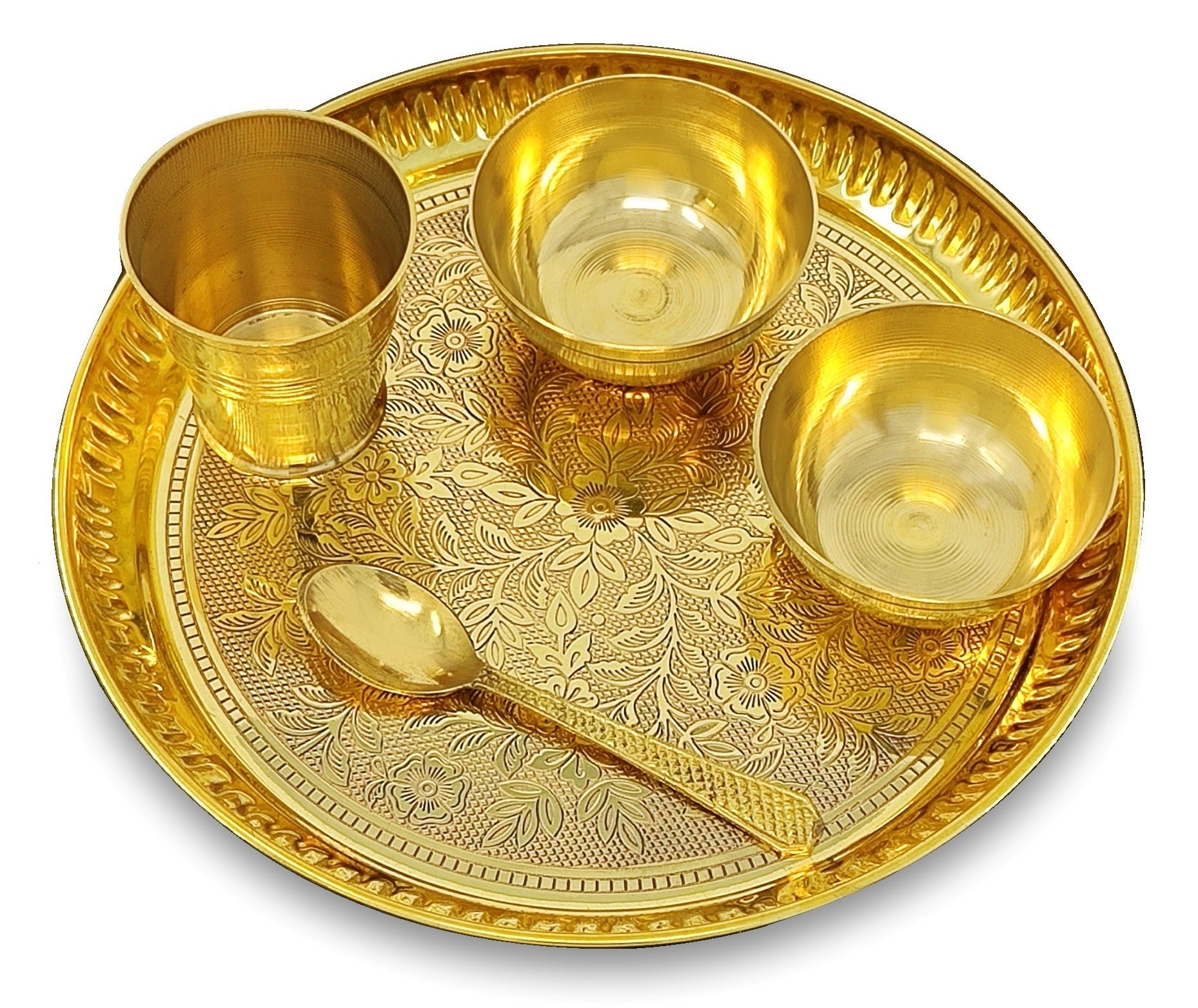 BENGALEN Brass Pooja Thali Set 8 Inch Puja Bhog Thali with Pital Plate Bowl Glass Spoon Arti Thali for Diwali Home Office Mandir Wedding Return Gift Items