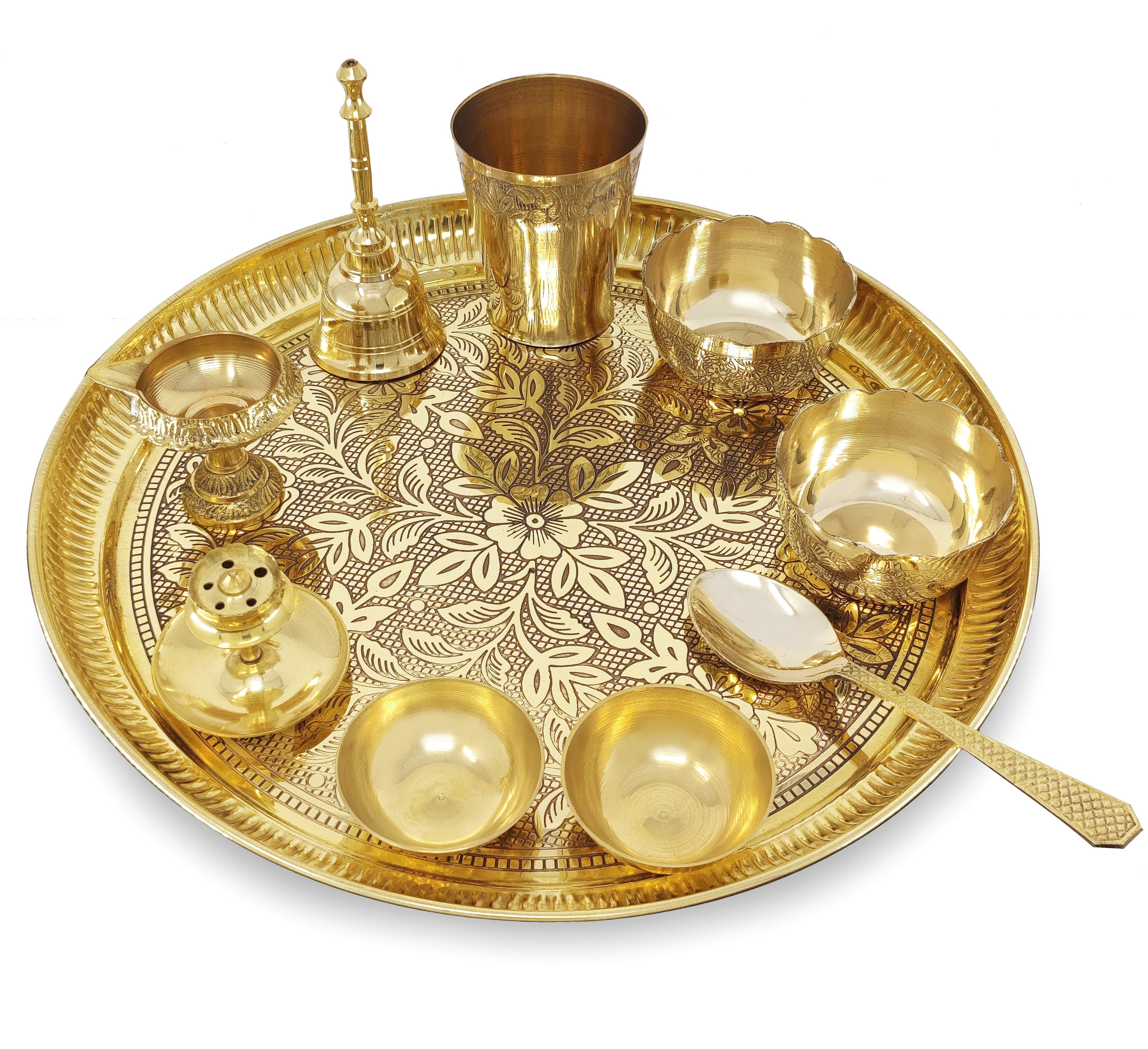 BENGALEN Brass Pooja Thali Set 10 Inch for Diwali Home Office Mandir Wedding Return Gift Items