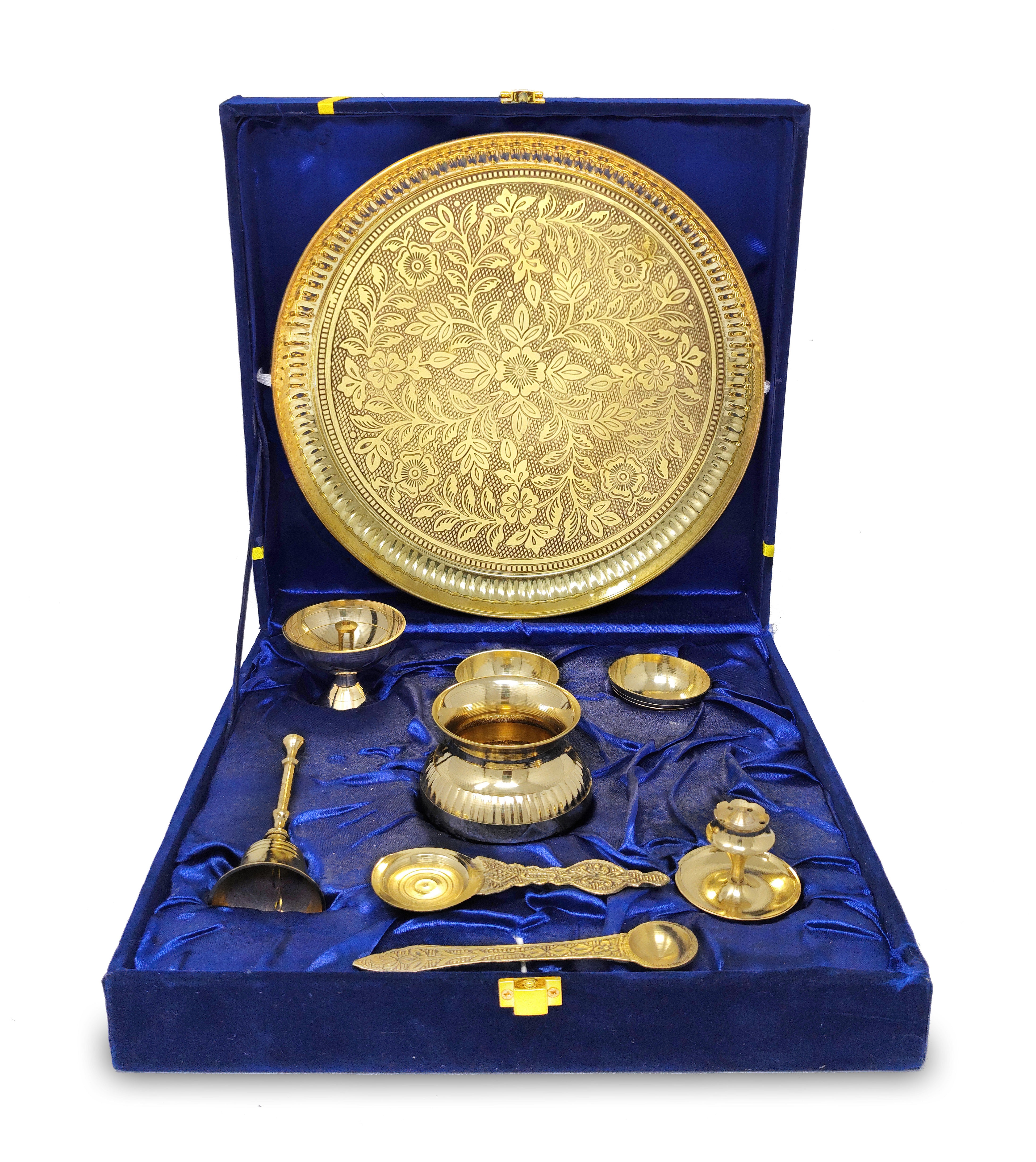 BENGALEN Brass Pooja Thali Set with Blue Gift Box 10 Inch