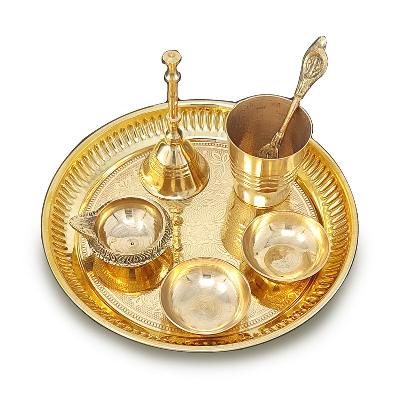 BENGALEN Brass Pooja Thali Set 6 Inch Puja Thali with Pital Plate Glass Pallu Bowl Diya Ghanti Arti Thali for Diwali Home Office Mandir Wedding Return Gift Items